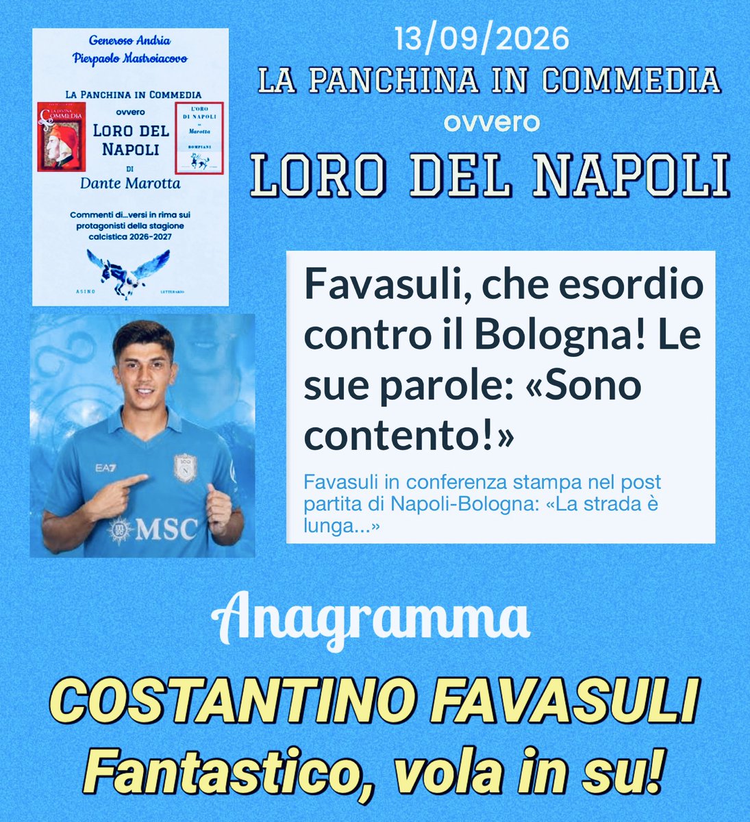 GenerosoAndria's tweet photo. Un po’ di speranza.
                        Anagramma
             COSTANTINO FAVASULI
                 Fantastico, vola in su! https://t.co/hE2JaGlr2M