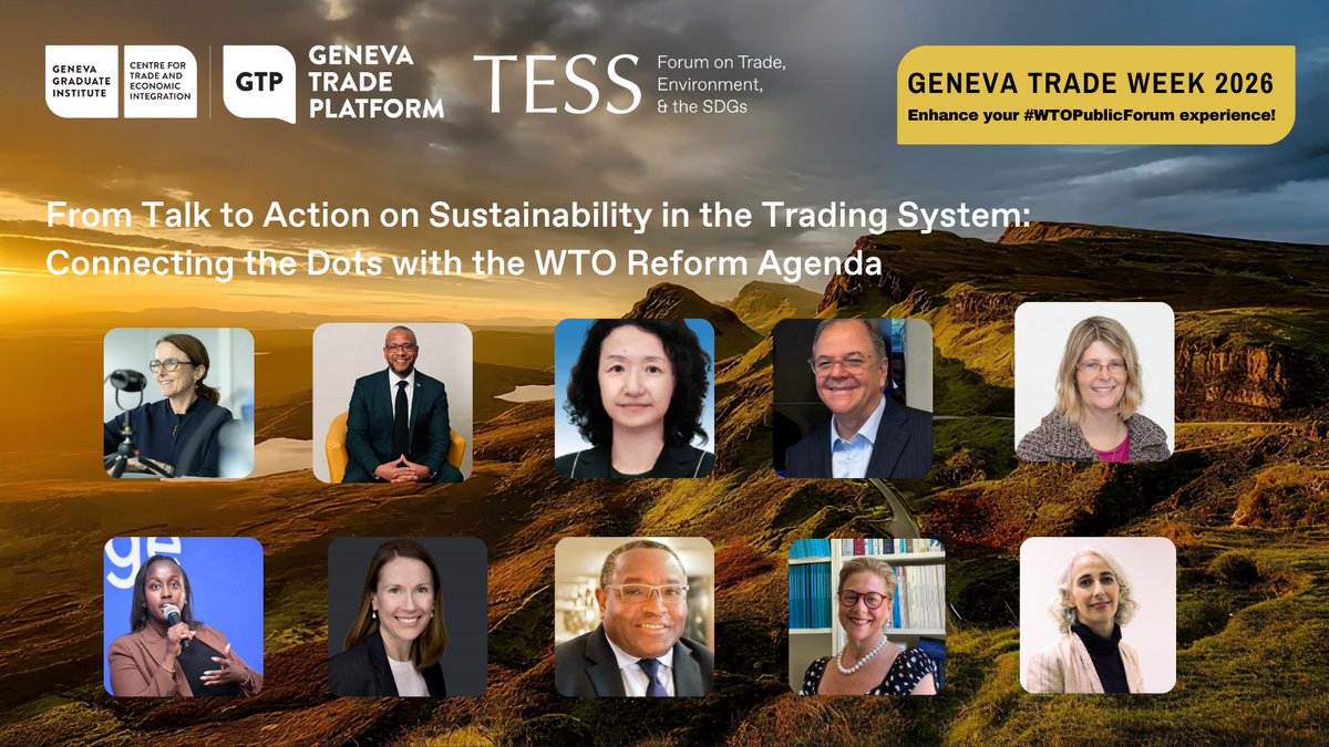 TESSForum's tweet photo. Today’s opening plenary of #GenevaTradeWeek will be livestreamed on YouTube.
🕟16:30 CEST
🔗 https://t.co/x8Ipm2Z1vv

Speakers will reflect on the importance of sustainable development as a much-needed North Star for @WTO reform discussions.
@EUmissionWTO  @Matthewbarbados @ChinaMissionWTO @brazilmissionwto @AliceTipping  @DavidLukeTrade  @gabriellemarcea  @ValeriePicard 

Hosted on the margins of #WTOPublicForum, by TESS as part of #GenevaTradeWeek in collaboration with @Geneva Trade Platform, the session will explore:

➡️the most pressing priorities for trade and sustainability,
➡️ what an inclusive, proactive agenda could look like, and
➡️how to advance the collective action vital for rapid impact at scale
➡️ what this means for the WTO and WTO reform.