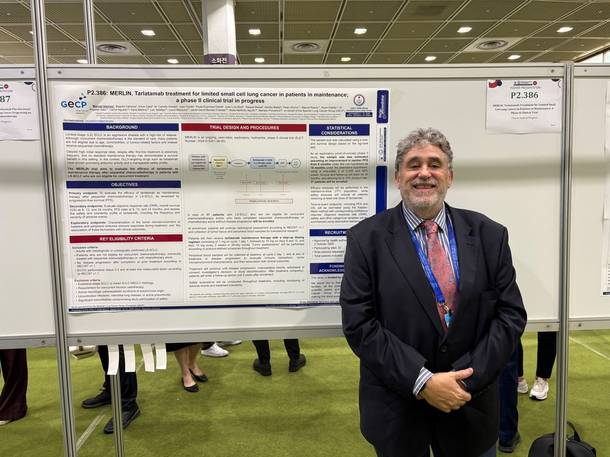 gecp_org's tweet photo. @ManuelDomine, Head of the Thoracic Tumors and Clinical Trials Unit at @Hospital_FJD  in Madrid, presents the following poster at #WCLC2026:

➡️ MERLIN, Tarlatamab Treatment for Limited Small Cell Lung Cancer in Patients in Maintenance: A Phase II Clinical Trial – Trial in Progress