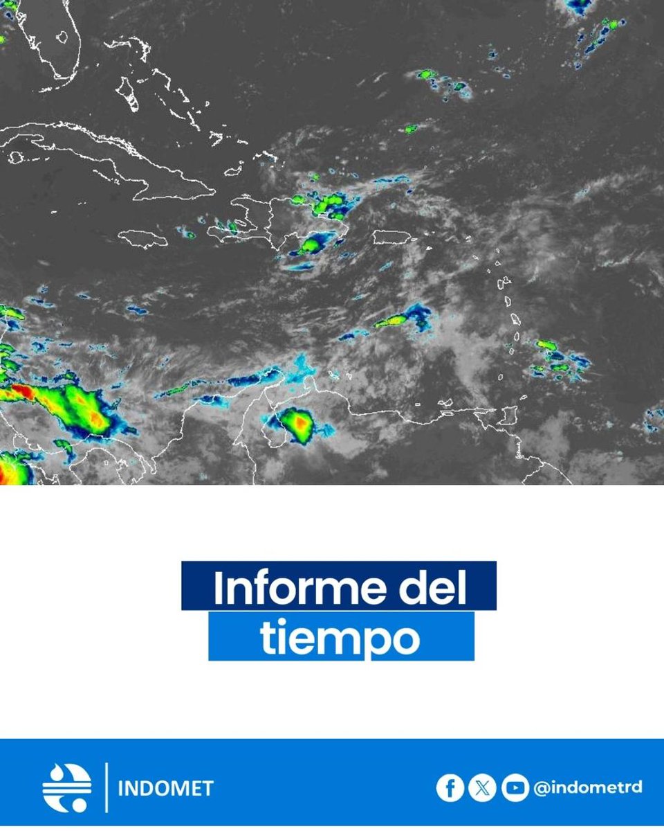 INDOMET_RDO's tweet photo. Hoy lunes, durante la madrugada, ocurren aguaceros, tronadas y aisladas ráfagas de viento, asociados a la incidencia de una vaguada y al viento del este/noreste, en sectores del sureste y noreste, como Puerto Plata, Espaillat, María Trinidad Sánchez, Samaná, El Seibo y San Pedro de Macorís, entre otras localidades.

Durante el transcurso de la mañana, tendremos la incidencia de polvo del Sahara y temperaturas calurosas en otros sectores.

En la tarde, el calentamiento diurno y la incidencia de la vaguada favorecerán la ocurrencia de aguaceros dispersos, tronadas aisladas y ráfagas de viento en el sureste, la Cordillera Central y la zona fronteriza, incluyendo el Gran Santo Domingo. Estas condiciones se prolongarán hasta las primeras horas de la noche.