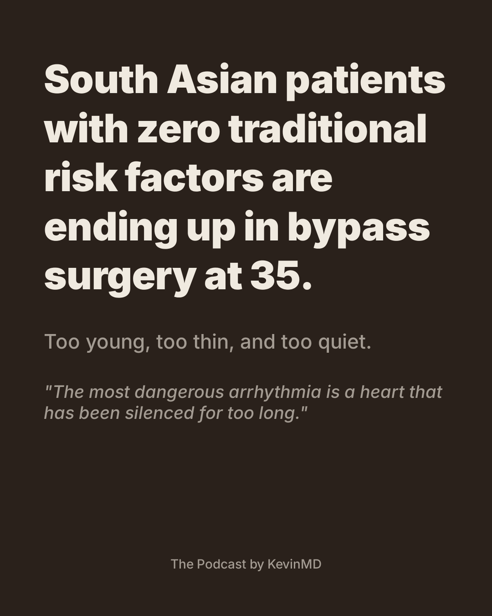 kevinmd's tweet photo. The 10-year cardiac risk calculator often fails South Asian patients, and a cardiologist in the Bronx is watching people around 35 or 40 with no traditional risk factors end up in bypass surgery.
 
Monzur Morshed is board-certified, originally from Bangladesh, and has treated immigrants and working-class men in New York for decades. Here is what he screens for instead.
 
Start with what the standard panel misses. South Asians carry insulin resistance and central obesity even at a normal BMI. In his words, thin on the outside but fat on the inside. The lipid pattern is low HDL, high triglycerides, and a "normal" LDL, so he reads the ratios rather than the LDL alone. High-sensitivity CRP runs high. And lipoprotein(a), which is almost 90 percent genetically determined, drives early atherosclerosis and probably won't respond much to atorvastatin or rosuvastatin.
 
His pathway:
 
1. Run the lipid panel and plug it into the ASCVD calculator like you would for anyone.
2. If the result is borderline, 5 to 7.5 percent, a typical patient without a family history can manage with diet and lifestyle. For a South Asian patient at the same number, order a lipoprotein(a). Once in a lifetime is enough to know their status.
3. If it is elevated, get a coronary calcium score. Zero, 1 to 100, or over 100 tells him whether to start a statin or order more.
4. Add apolipoprotein B and the LDL-to-HDL ratio, since LDL alone can look fine while HDL is also low.
 
The other half of his screening happens in the conversation. He asks about the stress. Immigrant families worry constantly about deportation. There are divorces, jobs that never became good jobs, and a society that doesn't acknowledge them as much as it should. The cortisol stays in the system, and eventually the chronic inflammatory system kicks in and the atherosclerosis comes early and aggressive.
 
One of his patients, an educated man with no obvious risk factors, was terrified his wife was going to leave him. He was so afraid to talk that Morshed had to dig for it. He presented with what looked like an acute heart attack. In the cath lab, the coronary vessels were normal. Takotsubo cardiomyopathy, stress-related, symptoms exactly like a heart attack.
 
Family history is often blank for a reason. Sudden cardiac death is common back in Bangladesh, and most people never made it to a hospital, so nobody knows the cause.
 
On statin hesitancy, his answer is practical. Muscle aches, when they happen, are usually proximal and can be temporary. Lower the dose, take a holiday, or switch. For patients who won't take a pill, there are injections every 1 or 2 weeks, and inclisiran every 3 or 6 months. After a cardiac event or a stent, the LDL target is under 55.
 
His take-home for clinicians: "Do not wait for symptoms. Many South Asians with severe disease are asymptomatic."
 
Listen to the full conversation on The Podcast by KevinMD. Link in the replies.
 
What is your trigger for ordering a lipoprotein(a)?
 
#Cardiology #ThePodcastbyKevinMD