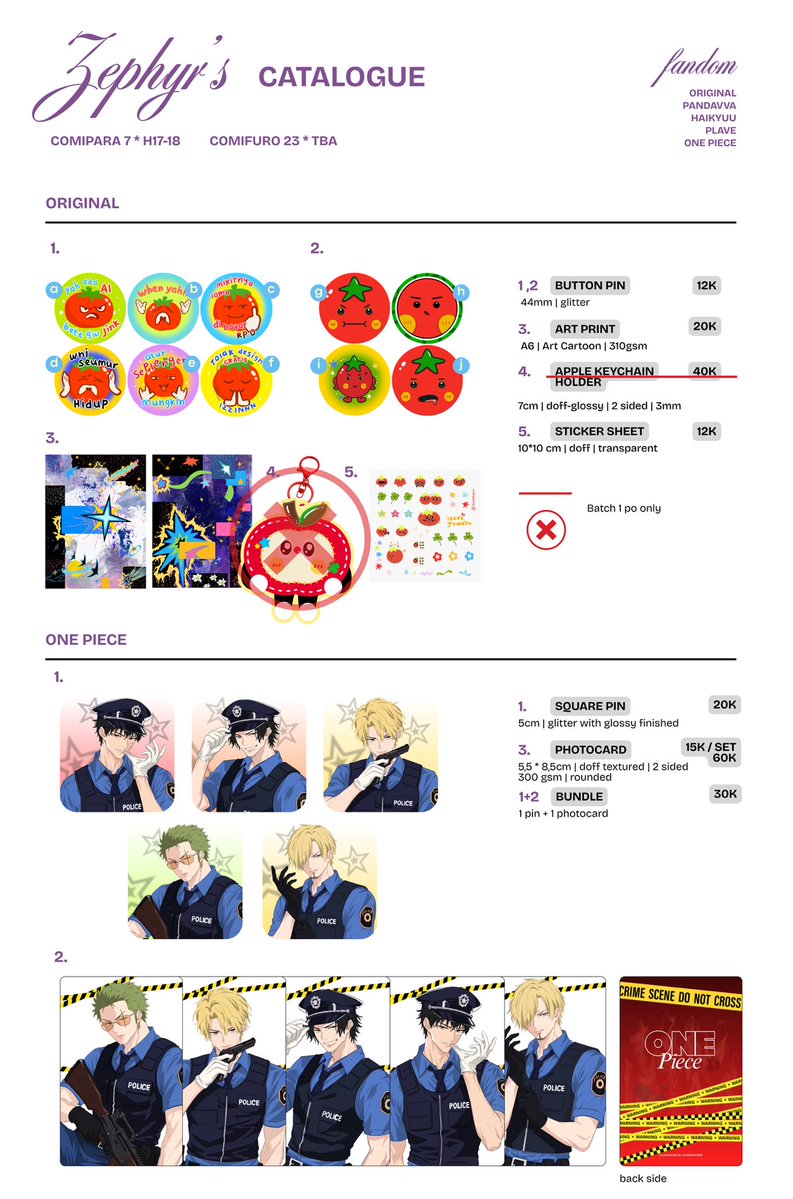 itszephyrrr's tweet photo. [💛&amp;🔁 are appreciated!]
Zephyr’s Catalogue for #cf23 &amp; #comipara7  BATCH 2

🗓️ 14-15 Sept
📦 Pick Up &amp; Mail Order
🍅 PDVV, PLAVE, HAIKYUU, ORIGINAL, ONE PIECE
🌎 GO DM first

🔗 on rep 

#comifuro23catalogue #comipara7catalogue #pandavva #PLAVE #ONEPIECE #haikyuu #ハイキュー https://t.co/83GzjzcebU