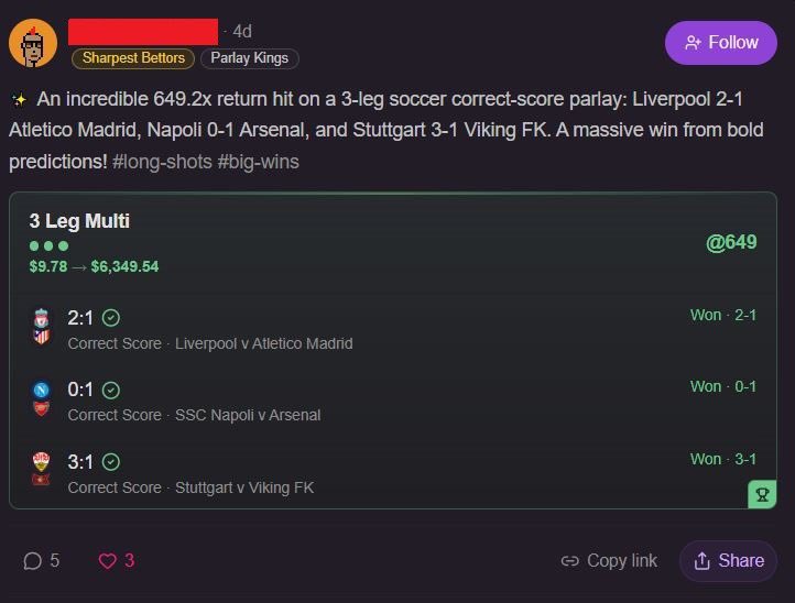 Cloudbet's tweet photo. Absolutely insane parlay from last week was shared on Cloudbet Pulse! 🤯

One bettor correctly predicted the exact scores of all three games and landed a massive 649.2x return. 

Imagine not tailing this! https://t.co/bGB6oaIsQP