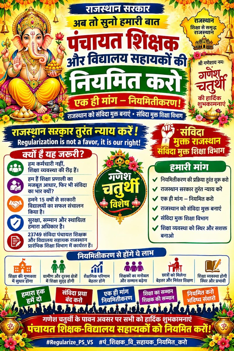 GopalPa76242490's tweet photo. म्हारी पीड़ा सुणो सरकार, ठेका प्रथा सू मुक्ति दिलाओ। पंचायत शिक्षक अर विद्यालय सहायक ने नियमित करो, न्याय रो हक चुकाओ। 💼🔥 @ashokshera94 @ExposeNowNews @Viveksbarmeri @Berozgarbanda @JATbera1 @bharatbeniwal_ #Regularize_PS_VS   #पं_शिक्षक_वि_सहायक_नियमित_करो https://t.co/wzJYrjCwF2