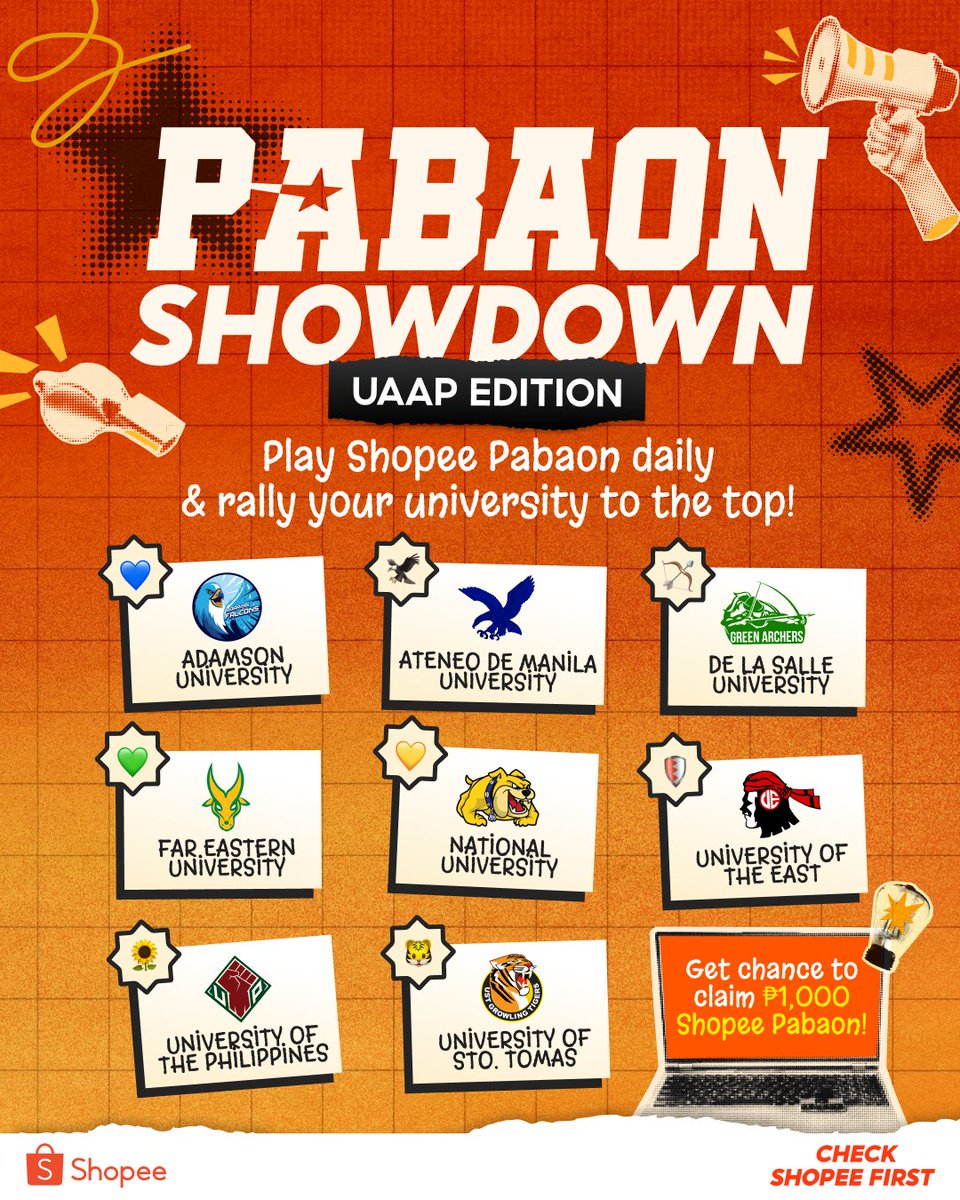 ShopeePH's tweet photo. π£ PABAON SHOWDOWN IS BACK! π£
Rally for your uni and climb the rankings by playing #ShopeePabaon! Plus, you get a chance to score β±1,000 DAILY! ππΈ
Kaya #CheckShopeeFirst here π https://t.co/OeReu94mWh
and unlock these member-exclusive perks:
π FREE #ShopeeVIP for 3 months
π Instant β±100 for newly verified ShopeePay users
π AT MARAMI PANG IBA! π
Soβ¦ anong school ang ipaglalaban mo? Drop the emojis in the comment section below! π«΅π½π₯