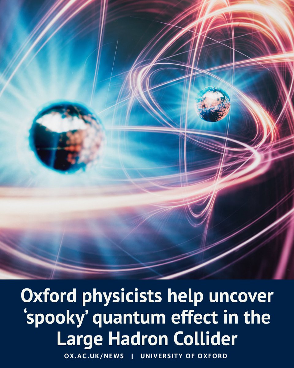 Graphic illustrating quantum entanglement, with two particles surrounded by glowing pink and blue light trails. Text reads: “Oxford physicists help uncover ‘spooky’ quantum effect in the Large Hadron Collider.”