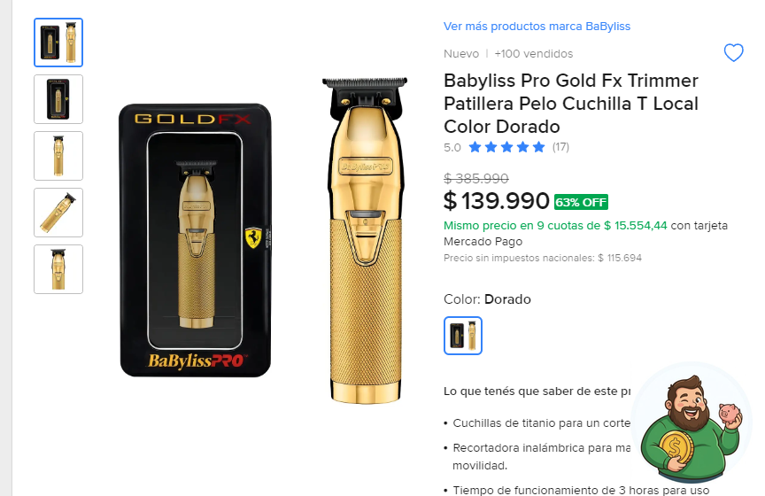 elgordoahorros's tweet photo. ¡Vola por este 64% OFF en la Gold Fx! 🔥🚨

Babyliss Pro Gold Fx Trimmer Patillera Pelo Cuchilla T Local Color Dorado a $ 139.990

Antes $ 385.990 · -64% OFF

https://t.co/dlikT36dce https://t.co/WtQcB2cCRl