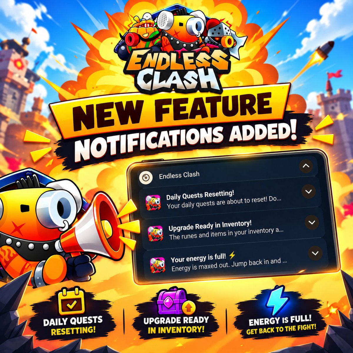 BrnMetaverse's tweet photo. A strong live service experience doesn’t stop when the player logs off.

We’ve added a new Notification System to @EndlessClashRPG  to surface key progression moments at the right time.

Players can now be notified when Daily Quests reset, upgrades are ready in their inventory, or Energy reaches full capacity.
The goal isn’t simply to drive re entry.

It’s about building a better progression loop around timely player actions. 
#mobilegame #gamedev #indiegame