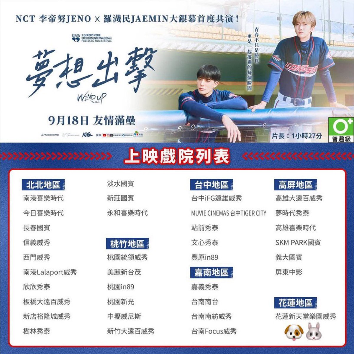 EMI_NANA_HOLIC's tweet photo. 『WIND UP : THE MOVIE』
今日から台湾で公開👏🎉
🎬台湾上映館一覧9/18〜
#와인드업 #WINDUP
#JENO #JAEMIN #NCTJNJM https://t.co/CikIUfmKAo
