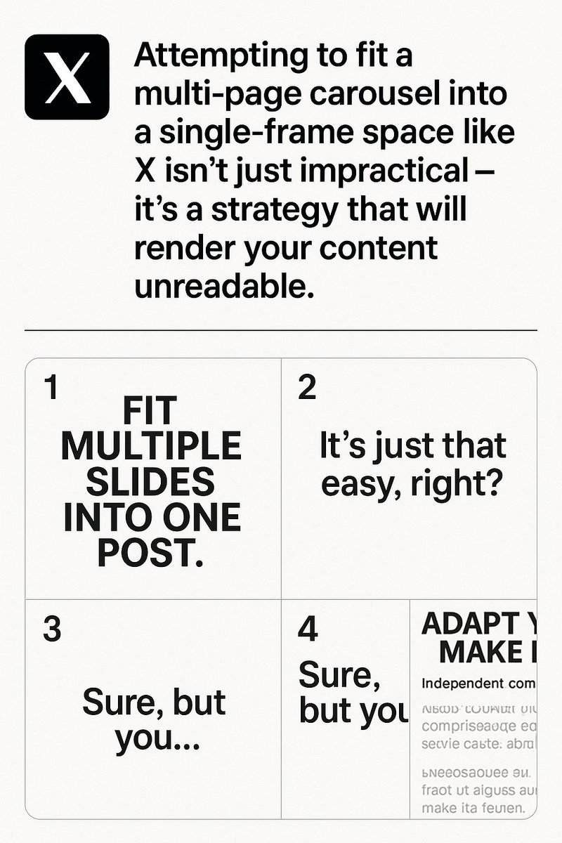 AICAPITAL7's tweet photo. Attempting to fit a multi-page carousel into a single-frame space like X isn't just impractical - it's a strategy that will render your content unreadable.

Not financial advice. Educational only.

#FintechInfrastructure #CapitalSystems #RiskGovernance #PortfolioSimulation https://t.co/ccorz0aRpH