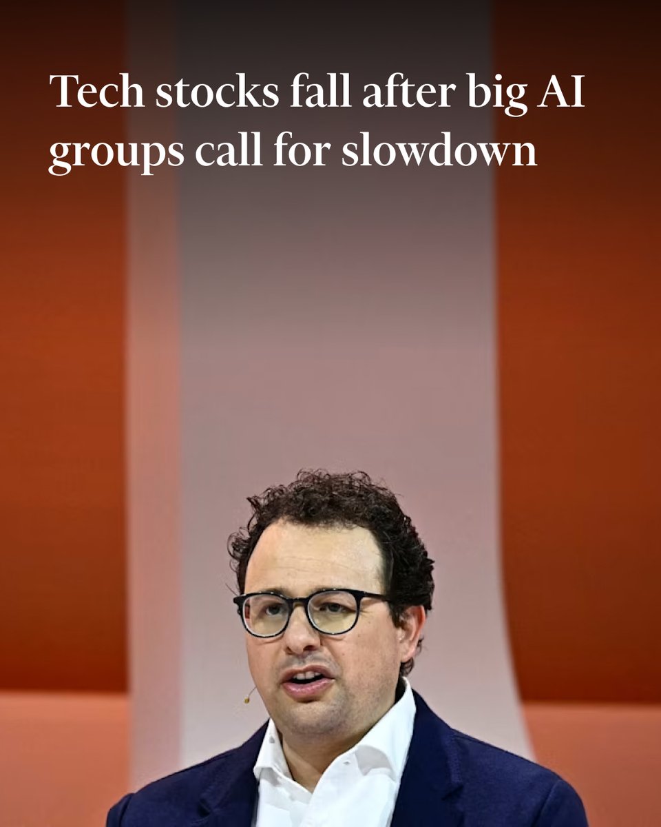 FT's tweet photo. Global tech stocks fell on Monday after the biggest AI companies called for a slowdown in the development of the technology following days of dramatic warnings over its safety.

Read more here: https://t.co/R5HKh8Ta2v https://t.co/Nc1WXrc8OE