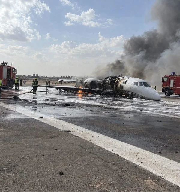 aviationbrk's tweet photo. A private business jet crashes upon landing at Misrata Airport, Libya.

The accident caused a fire on board the aircraft, leading to the temporary suspension of all flights at the airport.

The aircraft—carrying a crew of two pilots and one flight attendant—was operating the empty ferry flight when the incident occurred.

Turkish media reported that the private jet is owned by Turkish businessman Hamdi Akin, who is the chairman of Akfen Holding.