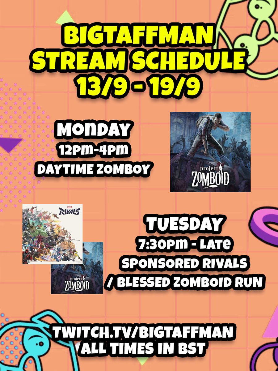 BigTaffMan's tweet photo. Stream schedule for this week!

We've got no Thursday stream, so its just two days of Zomboiding, with a smattering of a sponsored Marvel Rivals stream

If I can get a cheeky bonus in there I will do!

#streamer #streamschedule #twitchstreamer #youtubestreamer #smallstreamer https://t.co/cZdROOLN1v