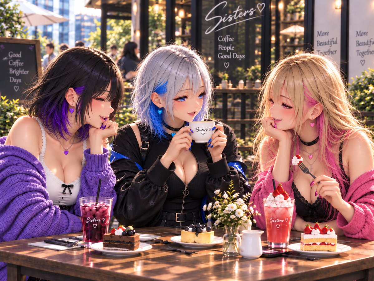 Hanamiya3Sister's tweet photo. 三姉妹×カフェ☕*°

#華宮三姉妹 #AIイラスト #AIart
 #オリジナルキャラクター https://t.co/IInvz54SQd
