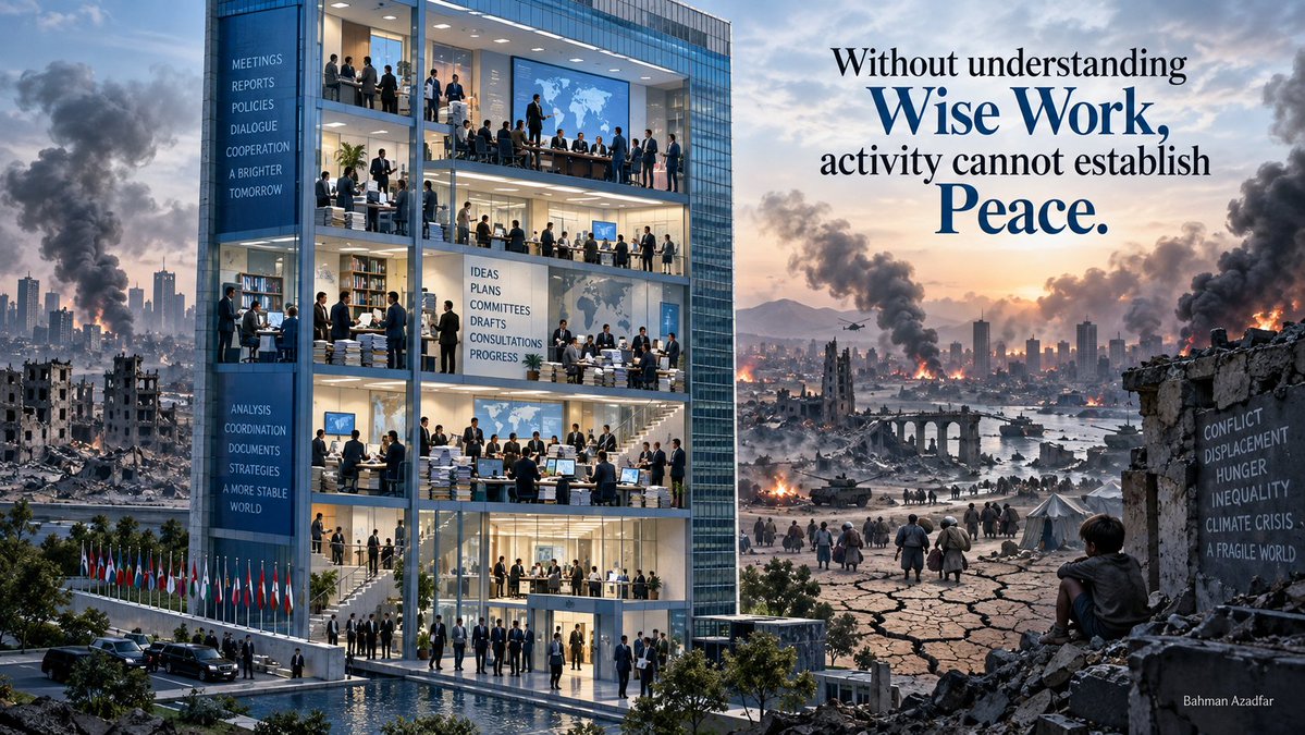 AzadfarBah92878's tweet photo. To establish Peace, we must first know what Peace is. Without a clear definition, we cannot identify the goal precisely, and therefore we cannot judge whether our activities are actually bringing us closer to it.

Definition of Peace in True Philosophy:
https://t.co/ZGvC4DMUe0
However, having an isolated definition is not enough. Peace is like a piece of a jigsaw puzzle: it can be viewed on its own, but its full meaning and proper place become clear only when it is seen alongside other fundamental concepts such as Justice, Order, Law, Right and Wisdom.

If these concepts are not connected within a coherent philosophical system, even extensive activity does not necessarily lead to the intended result. In such a situation, people may work very hard without knowing what kind of work actually changes Reality towards Truth.

On the relationship between Reality and Truth:
https://t.co/f804JeS5Cz

In True Philosophy, this distinction is expressed through the concept of Wise Work. Wise Work is not merely activity; it is work that changes Reality towards Truth.
Explanation of this concept:
https://t.co/VIVn5rXZOG

Unfortunately, the United Nations still does not distinguish between activity and Wise Work. It engages in extensive activity, but without understanding the kind of work that changes Reality towards Truth—Wise Work—it cannot establish Peace.

The issue, therefore, is not merely that we need to define Peace; we also need to understand what kind of work is required to achieve it. This is where the distinction between activity and Wise Work becomes essential.