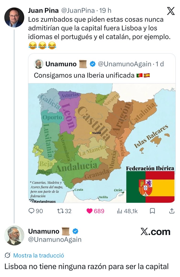 RicardChulia's tweet photo. A la mínima que grates, queda molt més que clar que, quan diuen Ibèria, volen dir el mateix que quan diuen Espanya, que no és més que Castella imperial.

De la mateixa manera que el castellà va esdevindre espanyol, ara seria ibèric i au. https://t.co/KmGbnx5c89
