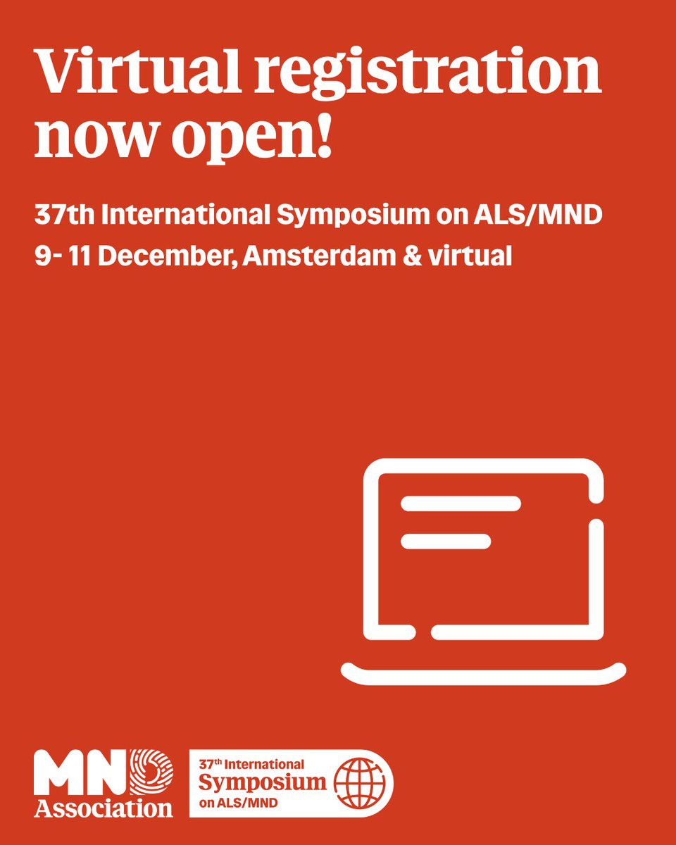 mndresearch's tweet photo. ICYMI- virtual registration now open!

Want to attend the 37th International Symposium on ALS/MND but can’t make it to Amsterdam?

Join us virtually to access:
– select live-streamed sessions
– the virtual poster hall
– on-demand access to all sessions

Register: https://t.co/Qk75AeSWSM

#alsmndsymp #ALS #MND