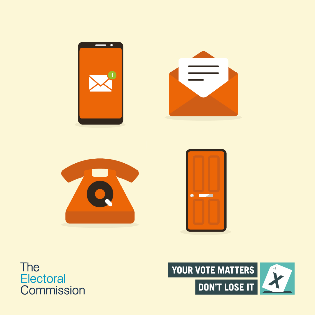 Mobile phone, email icon, phone and door. Text reads Your Vote Matters, don't lose it. Logo - The Electoral Commission.