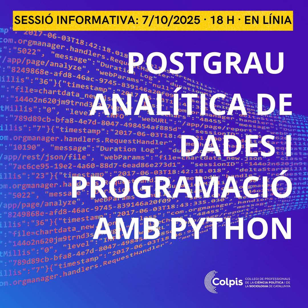 ColpisCat's tweet photo. 📢 𝗦𝗲𝘀𝘀𝗶𝗼́ 𝗶𝗻𝗳𝗼𝗿𝗺𝗮𝘁𝗶𝘃𝗮 del Postgrau: Analítica de dades amb Python
👨‍🏫 Amb Joan Gasull 
🗓️ Dimecres, 7/10 🕕 18 h
💻 En línia
➡️ Més informació i inscripcions: https://t.co/vYcB8zlppu https://t.co/mBZ0Y1MEOk