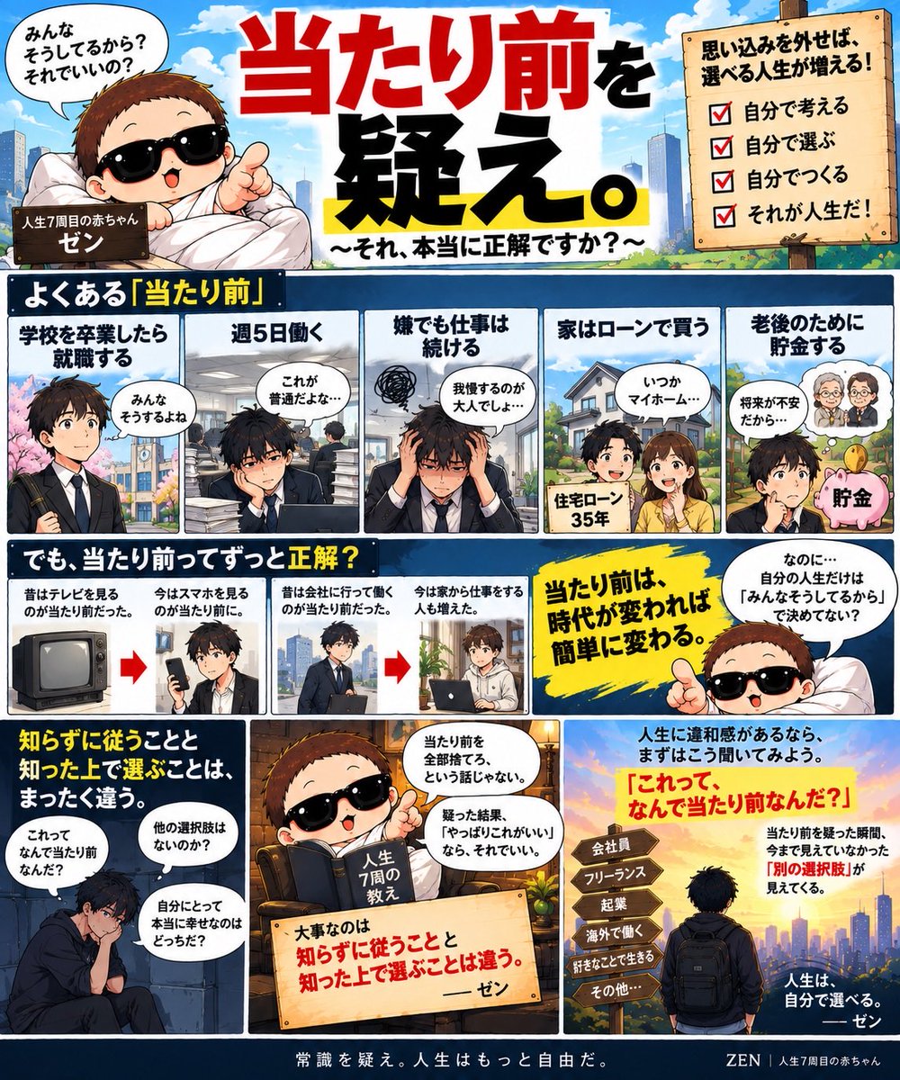 tensei_zen's tweet photo. 当たり前を疑え。

「学校を卒業したら就職する」

「週5日働く」

「嫌でも仕事は続ける」

「家はローンで買う」

「老後のために貯金する」

どれも普通に聞こえる。

でも人生7周して思う。

「普通」と「正解」は、まったく別物だ。

たとえば昔は、

「会社に行って働く」が当たり前だった。

今は家から仕事をする人もいる。

「テレビを見る」が当たり前だった。

今はスマホを見る人が増えた。

当たり前って、

時代が変われば、簡単に変わる。

それなのに不思議なのは、

自分の人生だけは

「みんなそうしてるから」

で決めてしまうこと。

当たり前を全部捨てろ、という話じゃない。

疑った結果、

「やっぱりこれがいい」

なら、それでいい。

大事なのは、

知らずに従うことと、知った上で選ぶことは違う。

1周目のみんな。

人生に違和感があるなら、

いきなり人生を変えなくていい。

まず、

「これって、なんで当たり前なんだ？」

と聞いてみよう。

当たり前を疑った瞬間、

今まで見えていなかった
「別の選択肢」が見えてくる。