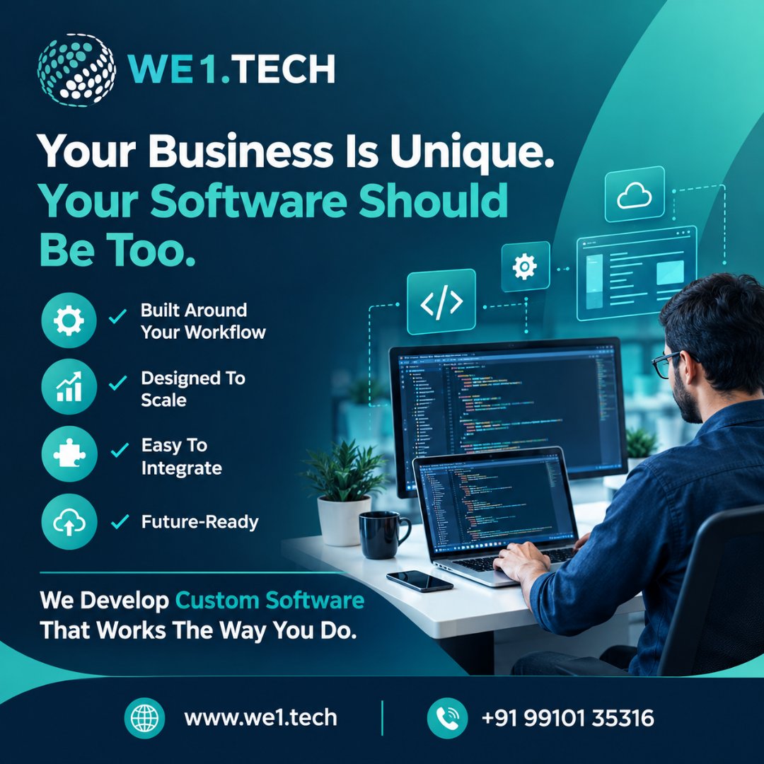 We1Tech's tweet photo. "Your Business Is Unique. Your Software Should Be Too.
✔ Built Around Your Workflow
✔ Designed To Scale
✔ Easy To Integrate
✔ Future-Ready
We Develop Custom Software That Works The Way You Do."
#CustomSoftware #SoftwareDevelopment #DigitalTransformation #we1tech https://t.co/W7oDZArA1Q