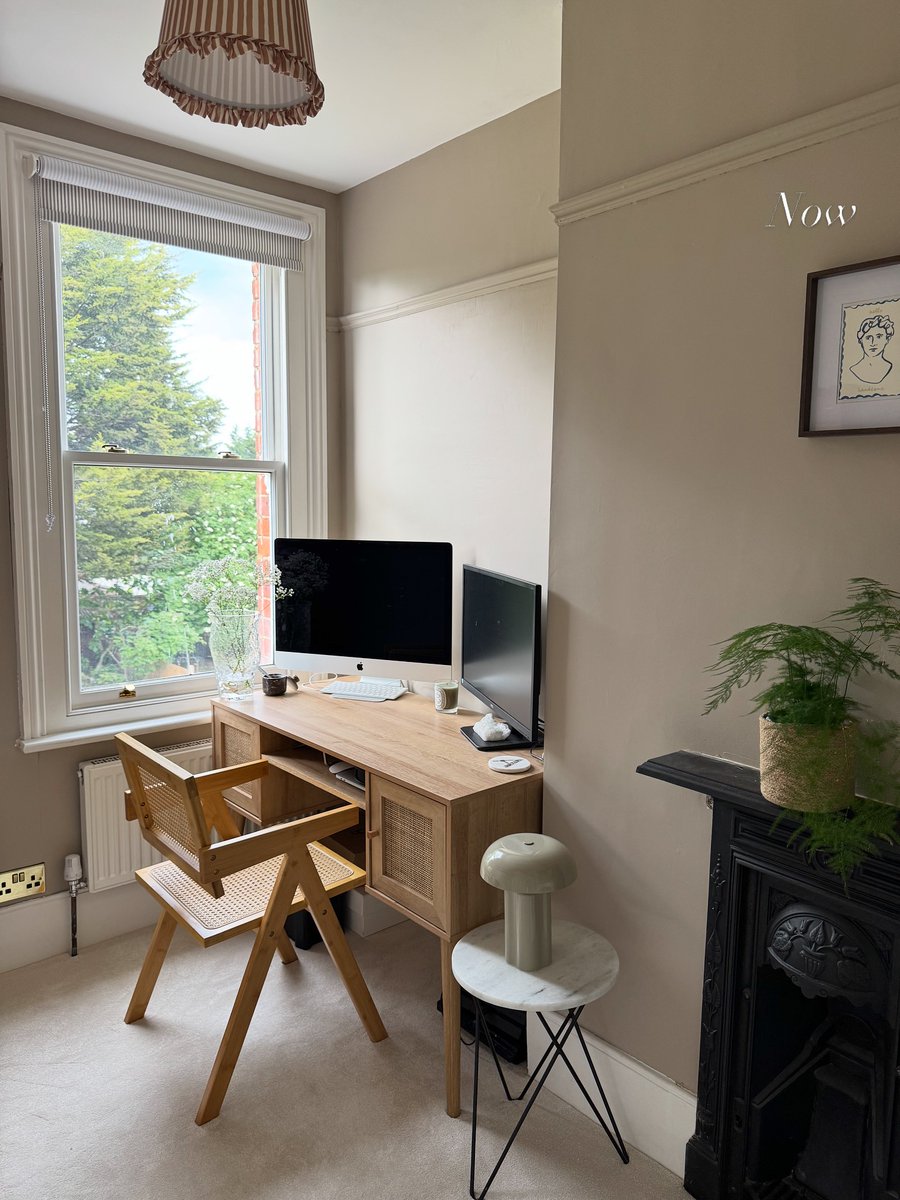 AssViviane's tweet photo. The office makeover: Alex works from home 5 days a week, so it’s mostly his room. We opened up the space by letting the window shine, then made it cosy with fresh plaster and Jitney brown paint. And yes, that’s bird sh*t on the window. https://t.co/4sWr4JALu1