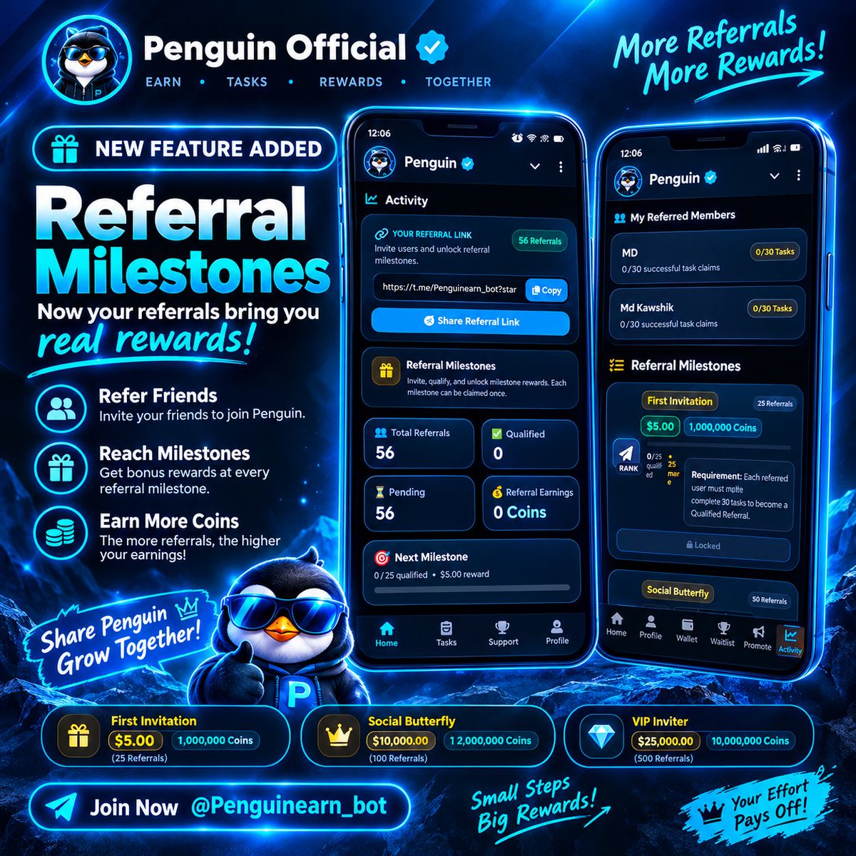 Penguinoffic's tweet photo. 🚀 Penguin Referral Milestones are LIVE! 🐧

Invite friends, help them qualify, and unlock rewards up to $150 + 30M Coins! 🔥

🎯 25 → $5
🎯 100 → $25
🎯 300 → $75
🎯 600 → $150

Start inviting today! 👇
https://t.co/1nVHhk1utO

#Penguin #Telegram #Airdrop #Crypto #EarnOnline https://t.co/0LSKEuOYQB