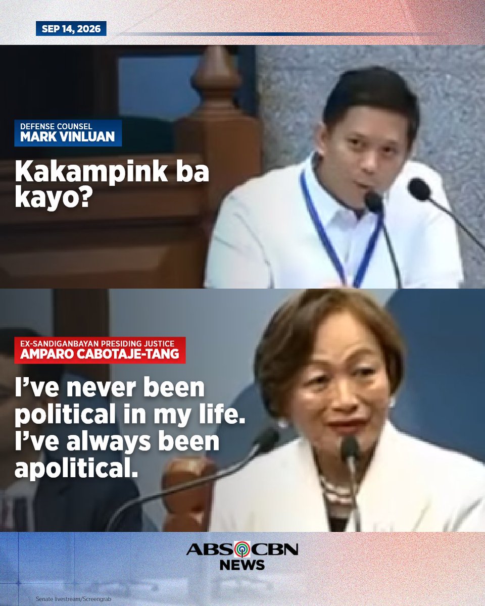 ABSCBNNews's tweet photo. Iginiit ni dating Sandiganbayan Presiding Justice Amparo Cabotaje-Tang na siya'y apolitical nang matanong kung "kakampink" siya. #VPonTrial https://t.co/lOHLmsKy3c