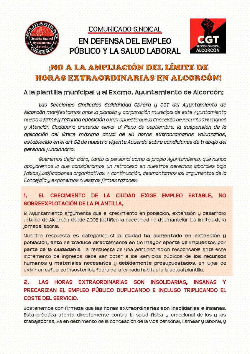 AlcorconSoli's tweet photo. El Ayto de #Alcorcón quiere eliminar el limite de 80 horas extras por persona y año para l@s funcionari@s.
Medida tan antiobrera que está prohibida en el Estatuto de los trabajadores.
Tela con el gobierno de izquierdas... https://t.co/FpaeH9NEZs