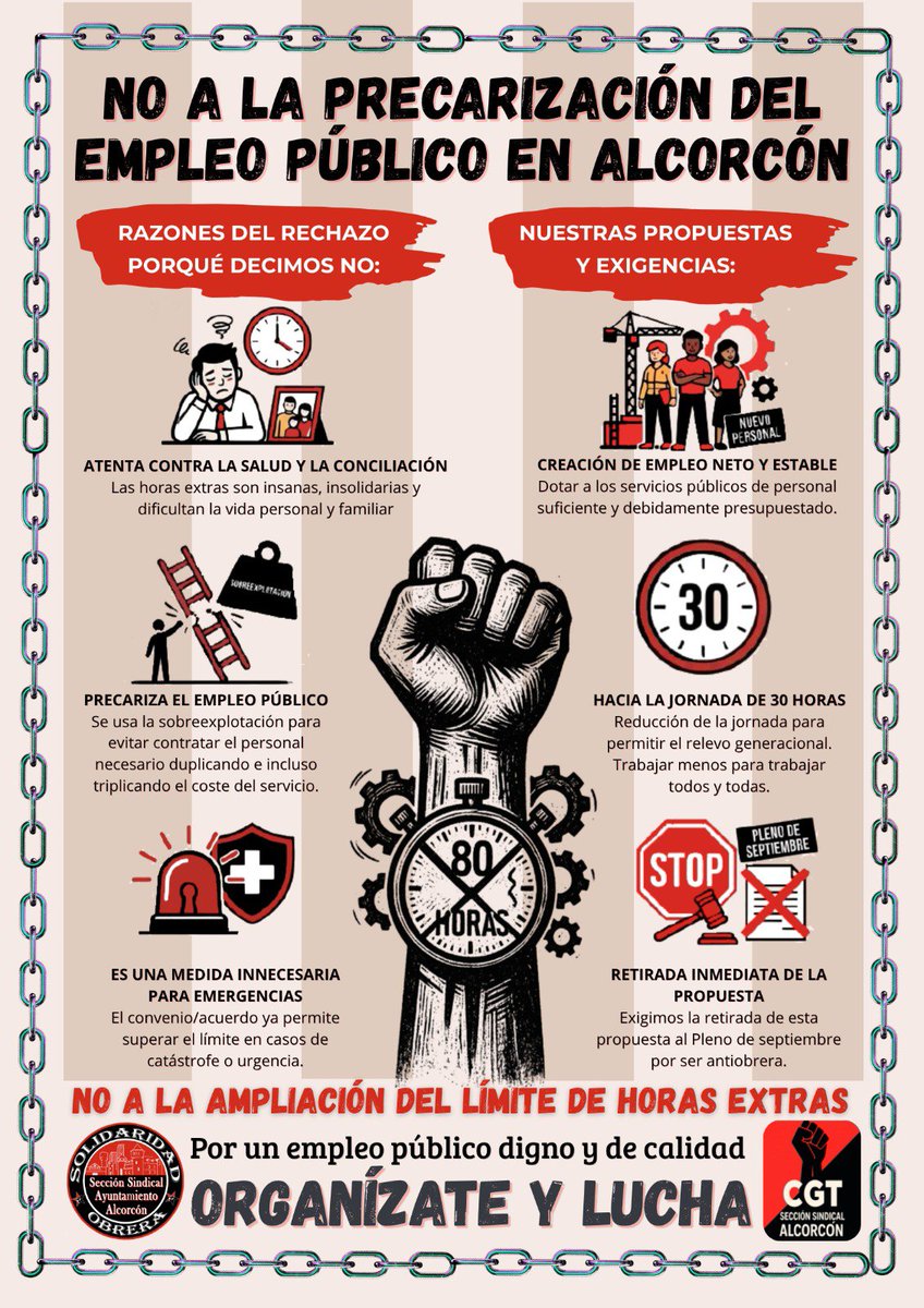 AlcorconSoli's tweet photo. El Ayto de #Alcorcón quiere eliminar el limite de 80 horas extras por persona y año para l@s funcionari@s.
Medida tan antiobrera que está prohibida en el Estatuto de los trabajadores.
Tela con el gobierno de izquierdas... https://t.co/FpaeH9NEZs