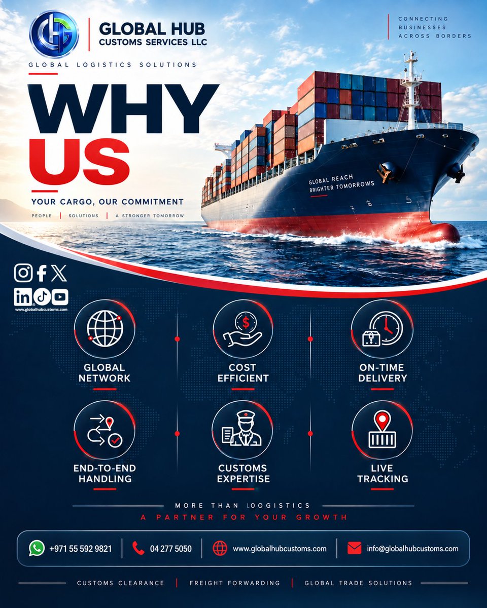 GlobalHubCS's tweet photo. Your cargo deserves reliable handling.
Global network. Cost-efficient solutions. On-time delivery. Customs expertise. End-to-end logistics.

Global Hub Customs Services LLC
📲 +971 55 592 9821
🌐 https://t.co/35KmwJ8q2H
#Logistics #Dubai #CustomsClearance #FreightForwarding https://t.co/Jhb7ekU1Gx