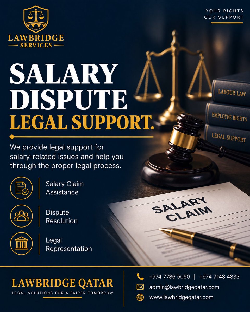 lawbridgeqatar's tweet photo. LawBridge Qatar provides professional legal support to help you understand your options and follow the appropriate legal process.

📞 +974 7786 5050 | +974 7148 4833
📧 admin@lawbridgeqatar.com

#SalaryDispute #SalaryClaim #EmploymentLaw #LabourLaw #LegalSupport #QatarLaw https://t.co/r2tCR0itd6