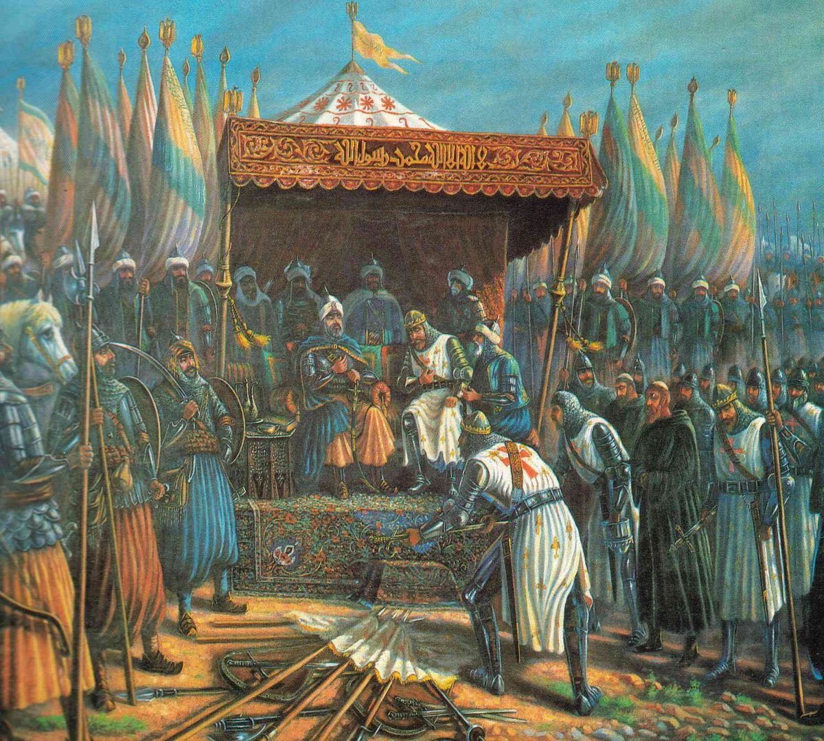 1serdengecti_'s tweet photo. Kürt olduğumuz için göğsümüzü gere gere gururlanabiliyorsak şanlı tarihimiz sayesindedir.

Kürt Sultan Selahaddin Eyyubi 2 Ekim 1187 tarihinde Kudüs'ü fethettikten sonra huzuruna getirilen esir alınmış haçlı komutanlarının resmedilmiş tablosu https://t.co/aIH8apLc7b