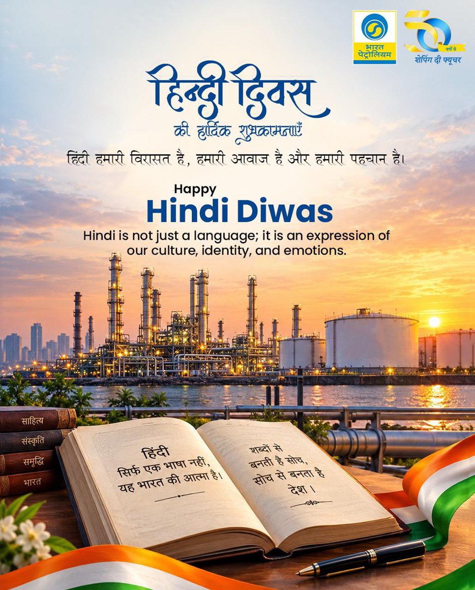 Bpclmrefinery55's tweet photo. Hindi is more than a language it is a reflection of our culture, heritage, identity, and emotions. 🇮🇳

On Hindi Diwas, let us celebrate the richness of Hindi and continue to honour the language that connects generations and expresses the spirit of India.

Happy Hindi Diwas! ✨
#HindiDiwas #HindiLanguage #IndianCulture #OurHeritage #BharatPetroleum