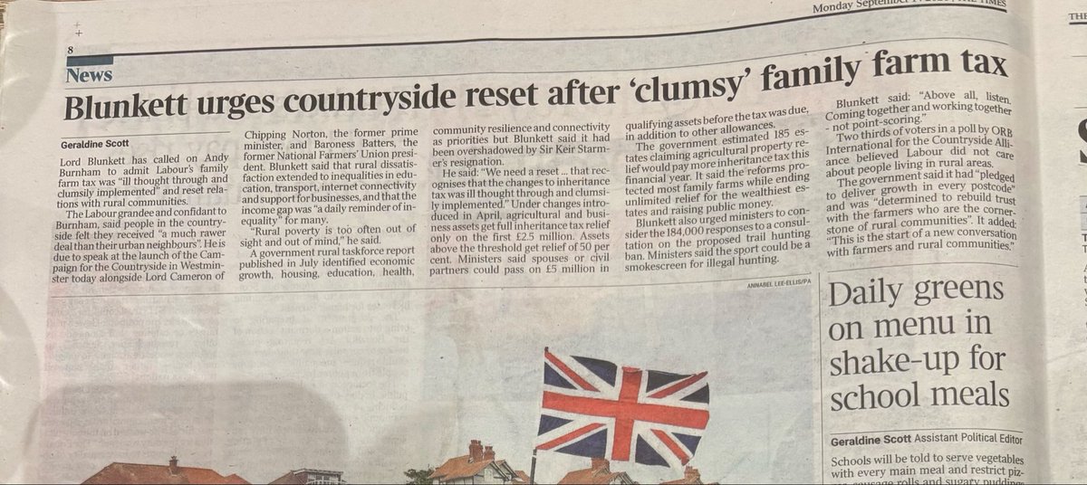 mometfisher's tweet photo. 🚨🗞️In the papers (Mail, Times, Express, Sun and Telegraph): It’s time for a rural reset! New polling out today ahead of the launch of Campaign for the Countryside, Speakers include Former Prime Minister David Cameron (Lord Cameron of Chipping Norton), former NFU President and crossbench peer Minette Batters (Baroness Batters) and former Labour Home Secretary David Blunkett (Lord Blunkett).

New polling has exposed the scale of Andy Burnham’s challenge in winning over the countryside, with just 15% of those living in rural communities agreeing that the Labour party cares about the people that live and work there.
 
But the findings also point to a clear opportunity for the government. Over a quarter (28%) of rural residents said they would be more likely to vote Labour if the party resets its relationship with those communities. This was particularly true for voters in Wales and Scotland. Nationally, 24% of all voters said the same.

Across Great Britain as a whole, nearly twice as many people believe that the government does not care about countryside people - 22% agree that they do, while 38% disagree. A majority of all those surveyed (55%) agreed that the government favours cities over the countryside. Only one in ten (11%) disagreed with this statement.
 
The national survey of 2,081 adults by ORB International for the Countryside Alliance reveals that nearly half (43%) of those living in rural areas now feel the government has “waged war on the countryside”.
 
Analysis from the rural campaigning organisation has revealed 27 damaging policies have been imposed on rural communities since 2024 — from the family farm tax and National Insurance rises, to affordability checks on horse racing, plans to ban trail hunting and restrict game shooting.
 
When asked to rank the issues that will drive their vote at the next election, the public placed the cost of living, NHS and immigration at the top. ‘Banning trail hunting and shooting’ were ranked as of least importance from the list of ten issues facing the electorate at the next election.
 
The fresh insights come ahead of the launch of the Countryside Alliance’s ‘Campaign For The Countryside’, at an event in Westminster tomorrow (Monday 14 September).
 
Leaders of the most affected rural policies will be meeting to urge Andy Burnham to reset the government’s relationship with the countryside, with representatives from farming, shooting, racing and trail hunting in attendance.