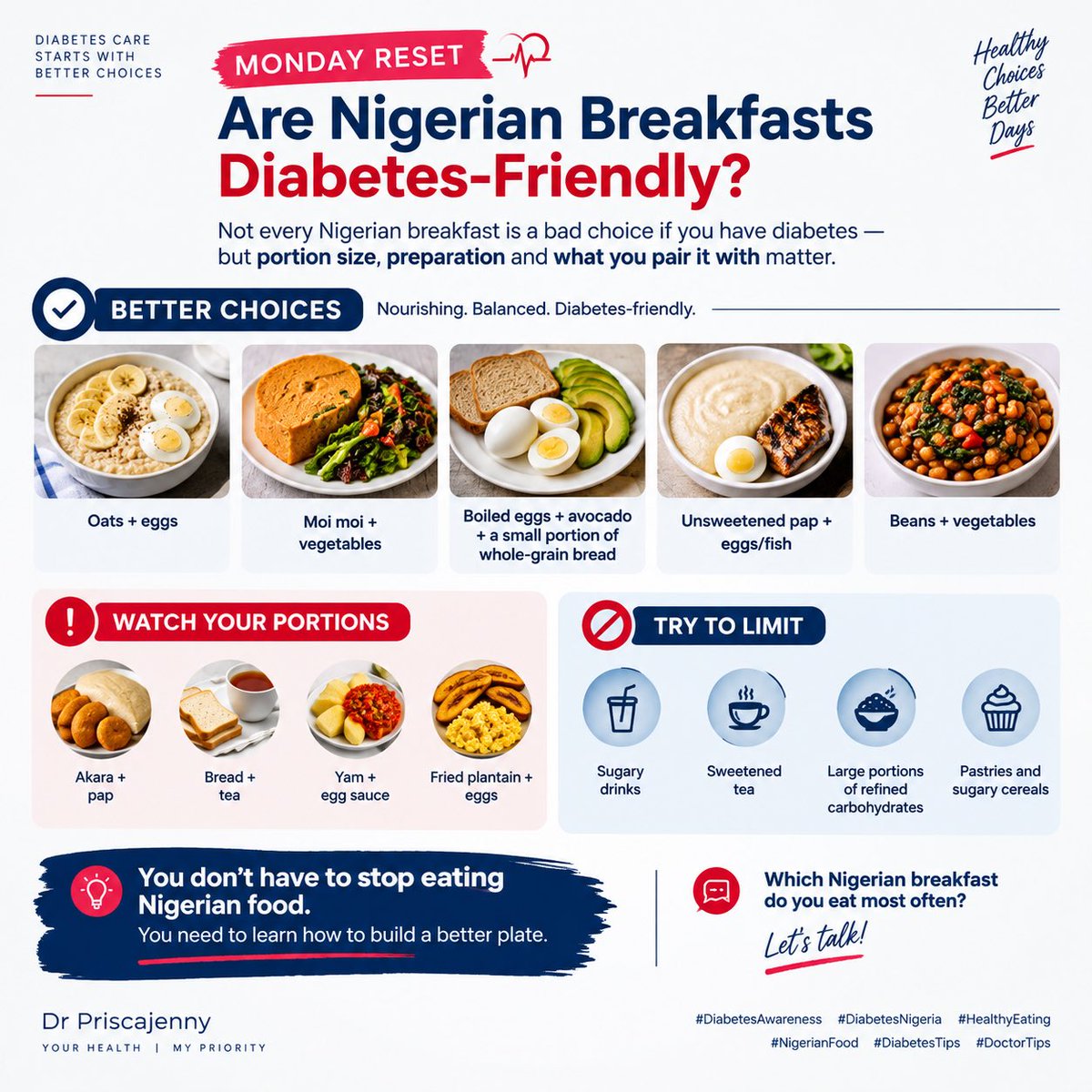 priskajennix's tweet photo. 🇳🇬 Are Nigerian breakfasts diabetes-friendly?

They can be.

For diabetes, think portion + preparation + pairing.

You don’t have to stop eating Nigerian food. Learn to build a better plate.

What’s your usual breakfast? 👇

#DiabetesNigeria #DiabetesTips https://t.co/br1zLHqXs0