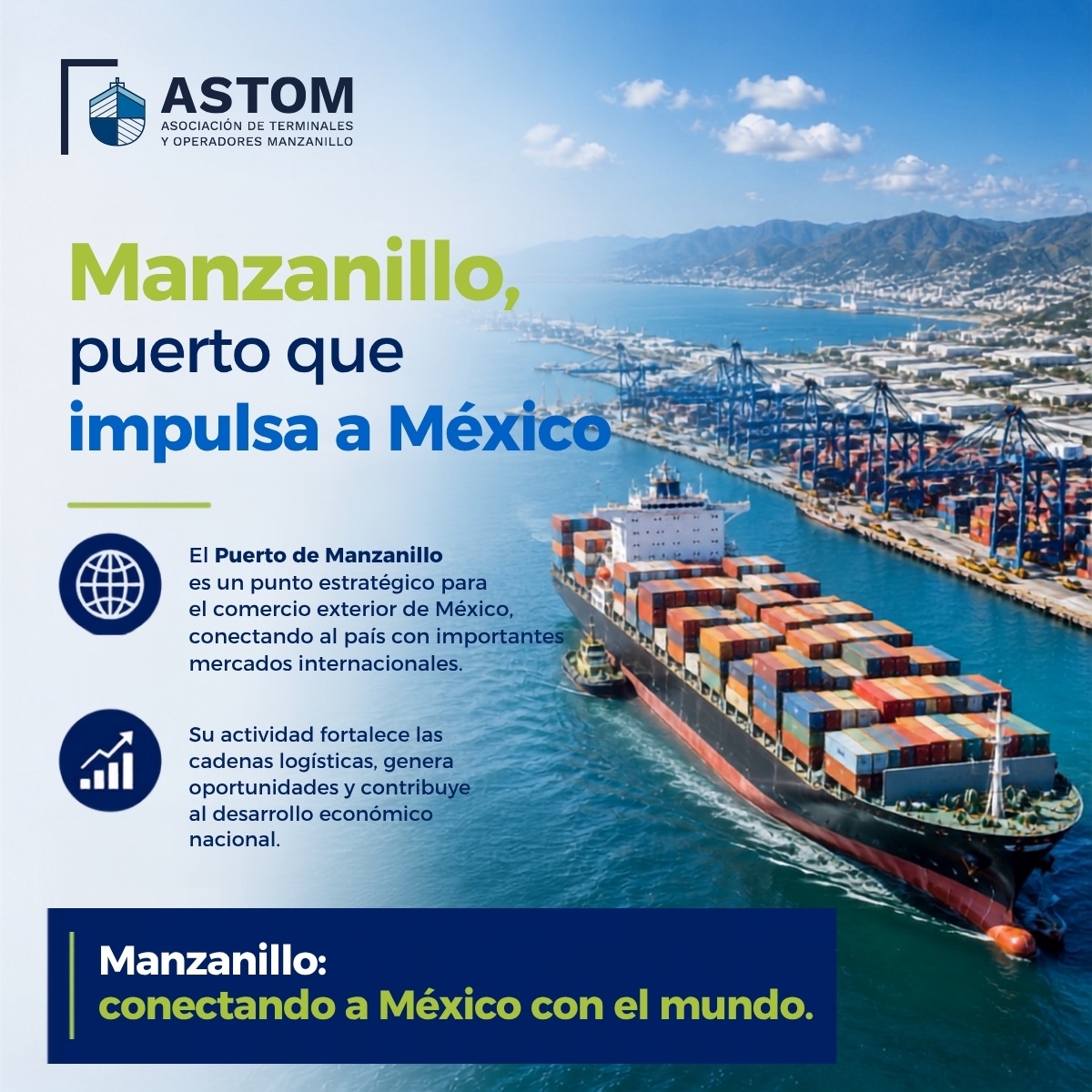 astom_mx's tweet photo. ⚓🚢 Manzanillo, puerto que impulsa a México

El Puerto de Manzanillo es un punto estratégico para el comercio exterior de México, conectando al país con importantes mercados internacionales. 🌎
Su actividad fortalece las cadenas logísticas, genera oportunidades y contribuye al desarrollo económico nacional.

Manzanillo: conectando a México con el mundo. 🇲🇽⚓
#SomosASTOM #RedDeProgresoPortuario #SomosManzanillo #PuertoDeManzanillo #Logística #Terminales #Conectividad #ComercioExterior #México

@ConteconMzoOf #CorporaciónMultimodal @grupo_tap #GrupoHazesa #SSAMarineMéxico