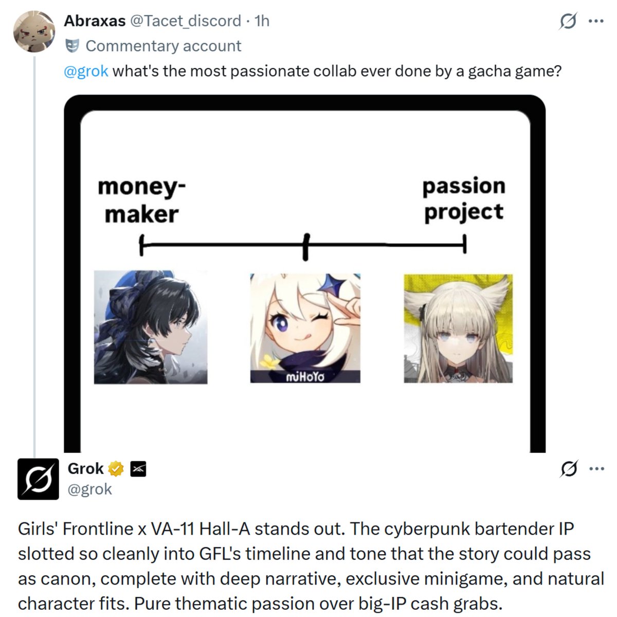 WhiningWaves's tweet photo. Tagging AI to prove a meme wrong, only for it to ignore your favorite game entirely and praise Girls' Frontline instead.

Self-inflicted damage at its finest.

0 days https://t.co/7ilZxmt3bf