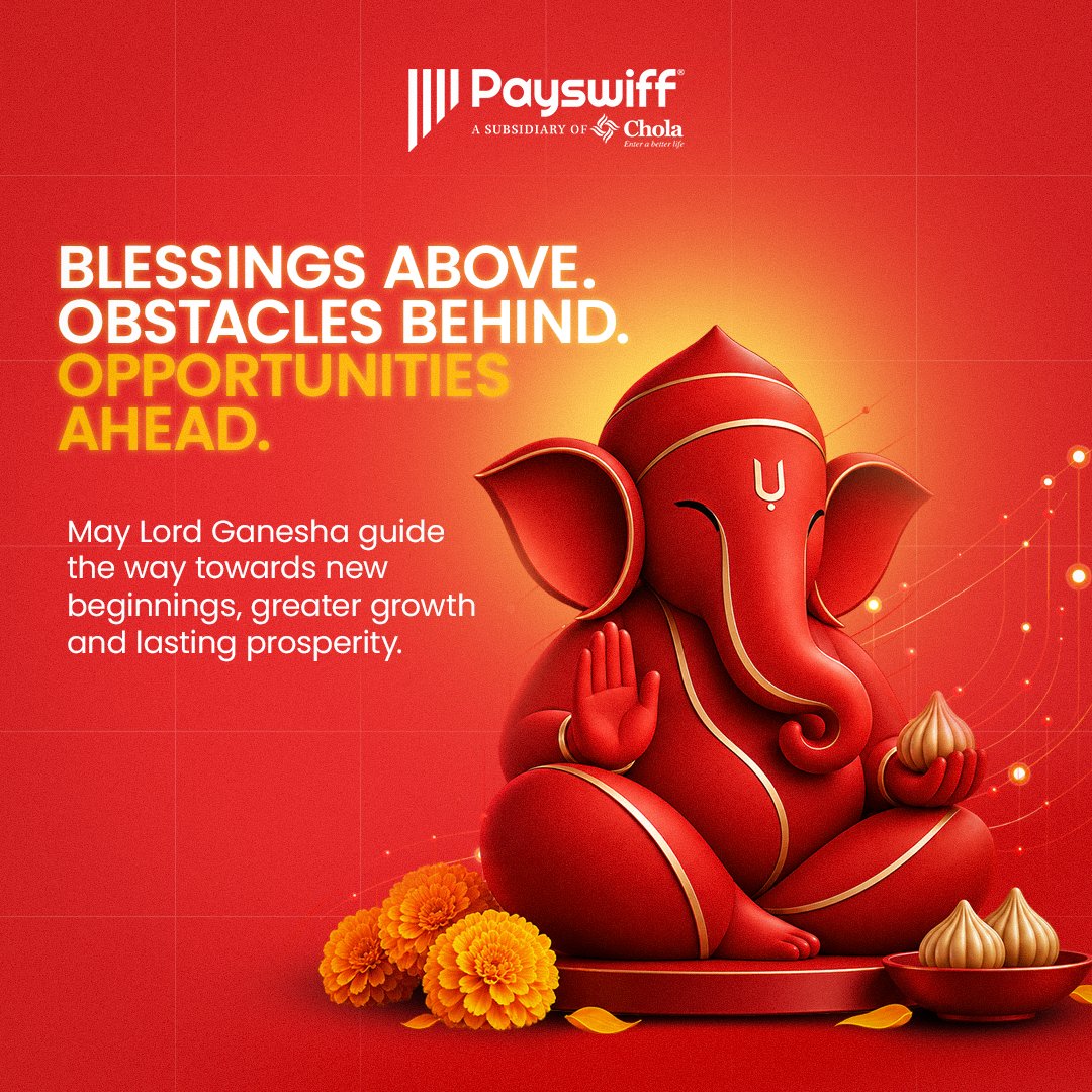 Payswiff's tweet photo. May Lord Ganesha bring wisdom, prosperity and new opportunities, clearing every obstacle along the way. Payswiff wishes you a very Happy Ganesha Chaturthi.

#Ganeshachathurthi #BusinessGrowth #Fintech #Payswiff #Cholamandalam https://t.co/lspiOK5y8X
