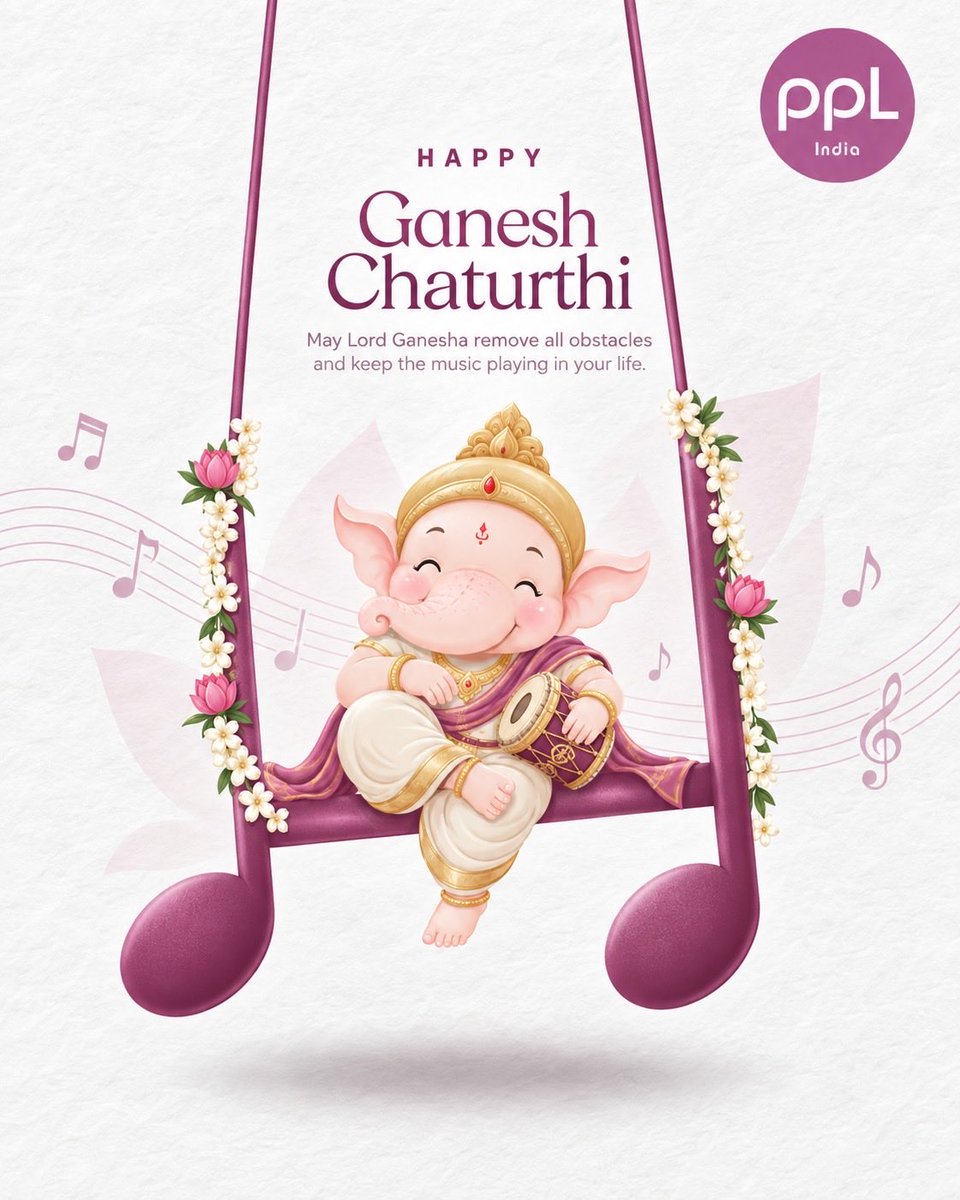 pplindia's tweet photo. May Lord Ganesha remove every obstacle and fill every moment with joy, prosperity, and the perfect rhythm. 🎶✨

This Ganesh Chaturthi, let the celebrations begin with music that brings everyone together. 💜

Happy Ganesh Chaturthi! 🙏🌺 https://t.co/7TidA6u4Xr