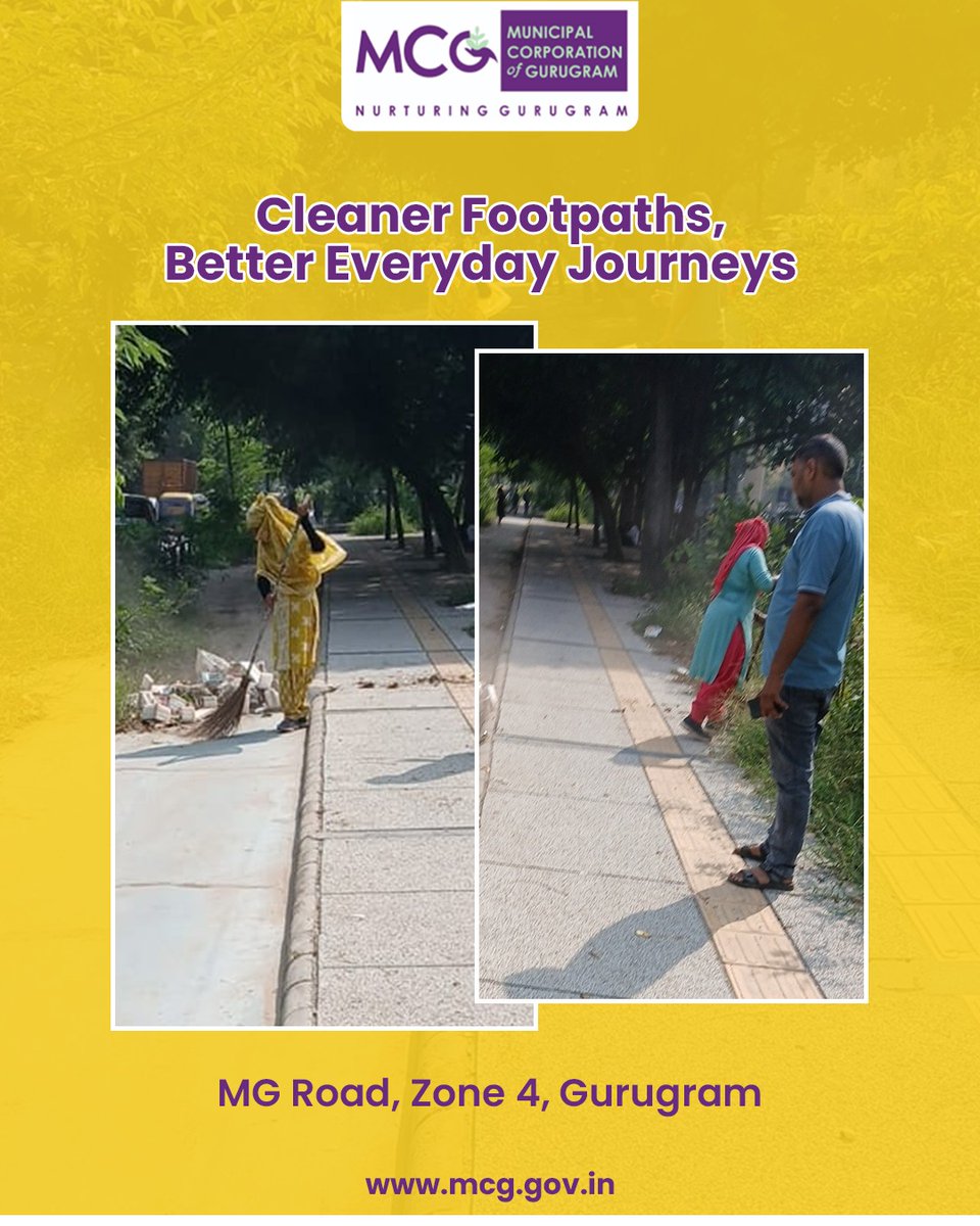 MunCorpGurugram's tweet photo. Clean footpaths make everyday journeys better. Team MCG continues regular sweeping along MG Road, Zone 4, to keep pedestrian pathways clean, clear and well-maintained

#MCG #Gurugram #OnGroundAction #CivicMaintenance #SwachhBharatMission #MCG #SwachhtaHiSeva #DeepCleaning #MunicipalCorporationGurugram #SwachhGurugram #CleanGurugram #Gurugram #SanitationDrive #HaryanaShaharSwachhtaAbhiyan2026 #TeamMCG #GreenCity #MyCityMyResponsibility 

@MoHUA_India @YTKDIndia @SwachhBharatGov @SwachhBharat @MoHUA_India @MoJSDDWS @cmohry @NayabSainiBJP @Rao_InderjitS @VipulGoelBJP @csharyana @DiprHaryana @PradeepIAS_HR @OfficialGMDA @CPCB_OFFICIAL @CAQM_Official