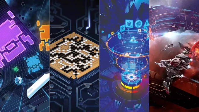 Four vertical panels side-by-side showcasing the evolution of gaming AI milestones. From left to right: classic retro arcade games with neon-colored pixels and a Breakout-style paddle; a game of Go played on a wooden board mounted over a microchip circuit board; a futuristic blue holographic interface showing StarCraft-style tactical icons; and a detailed 3D sci-fi space battle featuring spaceships against a fiery planetary backdrop.