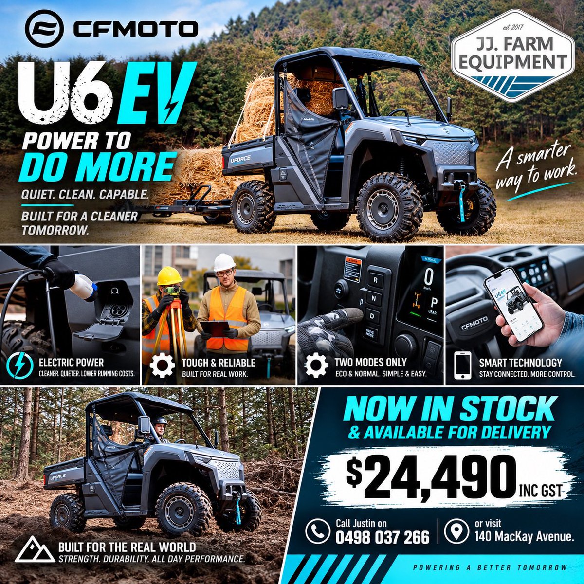 JJFarmPsports's tweet photo. The @CFMotoAU U6 EV is becoming Australia’s most popular EV UTV!

Designed to deliver robust performance, reliability, and practicality – all in one great value CFMOTO package.

HIGHLIGHTS
● Up to 110km range^
● Estimated 6.5hr charge time~
● 80km/h top speed
● 800kg tow capacity
● 2 Year Vehicle Warranty / 5 Year Unlimited KM Power Battery Warranty

Call Justin on 0498 037 266 or visit 140 MacKay Ave.