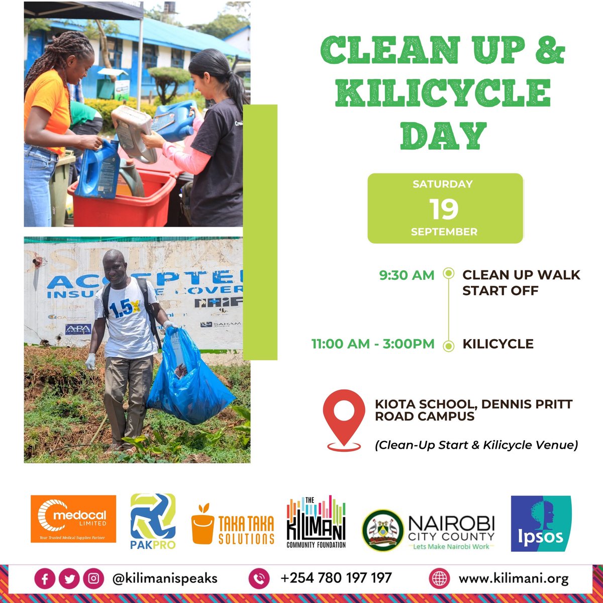 MedocalLimited's tweet photo. Join KiliCycle for a clean-up walk and recycling drive! 🌱♻️

📅 19th September 2026
📍 Kiota School, Dennis Pritt Road
⏰ Clean-up: 9:30 AM | Recycling: 11 AM–3 PM

Bring your e-waste &amp; used textiles.

@kilimanispeaks 

#KiliCycle #Sustainability #MedocalLimited https://t.co/FCLa0GdgKo