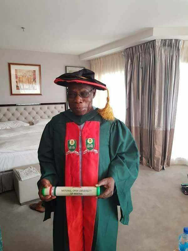 HistoryVille's tweet photo. President Olusegun Obasanjo was 80 years old when he earned his PhD in Christian Theology from the National Open University of Nigeria (NOUN) on December 15, 2017.

He defended his 250-page thesis, Resolving the Unfinished Agenda in Liberation Theology: Leadership, Poverty and Underdevelopment in North Eastern Nigeria, before a six-member academic panel in Abeokuta. 

The defence lasted 2 hours and 43 minutes, and Obasanjo became the university's first-ever PhD graduate. #HistoryVille