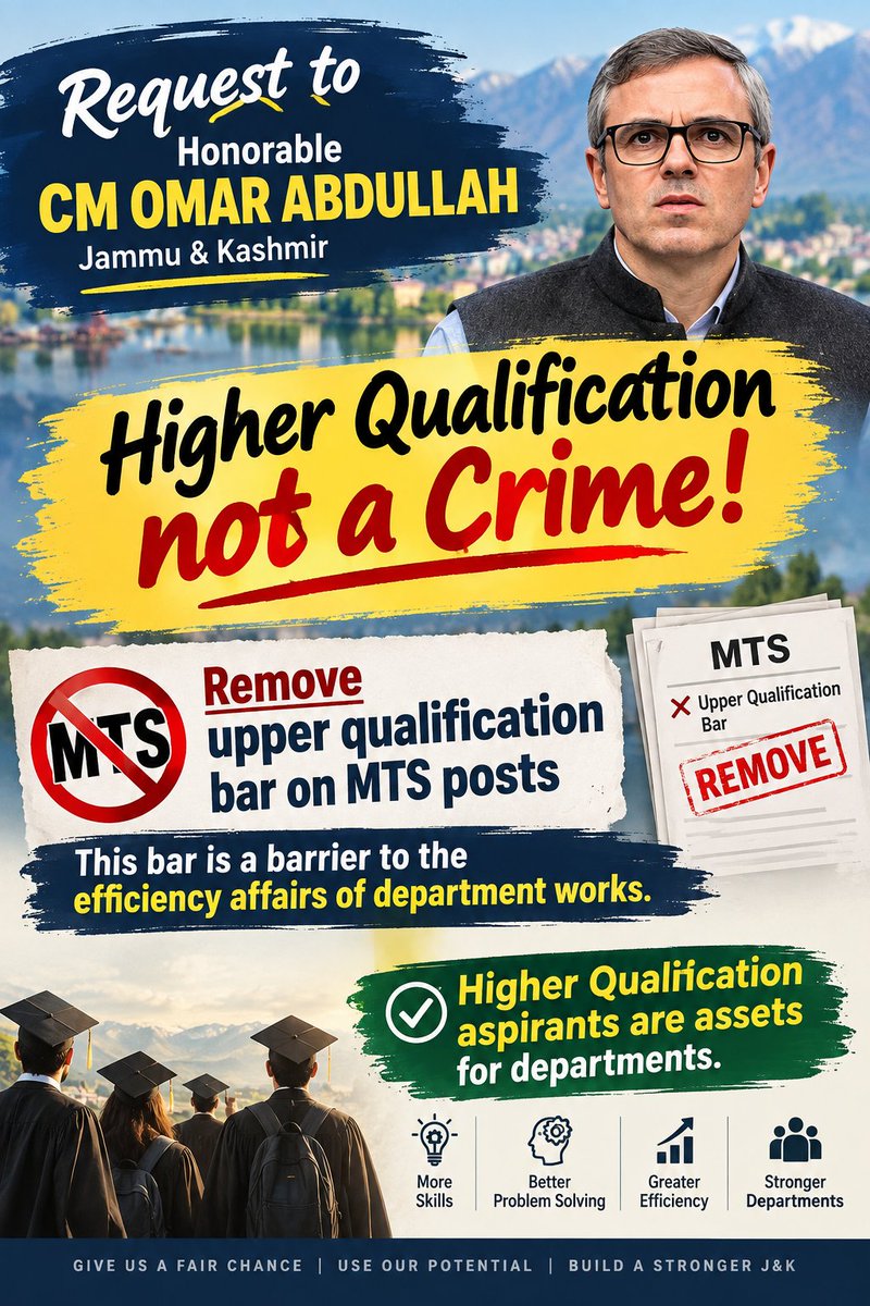 boss_jos16073's tweet photo. @omarabdullah remove this unjustified and restrictive qualification bar on MTS
LADAKH -- Graduates eligible
SSC MTS -- Graduates eligible 
Other States-- Graduates eligible 
Please remove this restrictive bar in jk https://t.co/VuDeyUkJWo