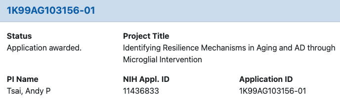 Andy_P_Tsai's tweet photo. ✨ Thrilled to share that I've been awarded an @NIH K99/R00 Award! 🎉
Deeply grateful to my mentor Dr. @wysscoray, co-mentors @BrunetLab, @StephenQuake, my mentoring team @Stanford, and my mentors at @IUStark_Neuro. 
Excited for what's ahead in brain aging, AD, and geroscience! https://t.co/A0OTqgLDKe