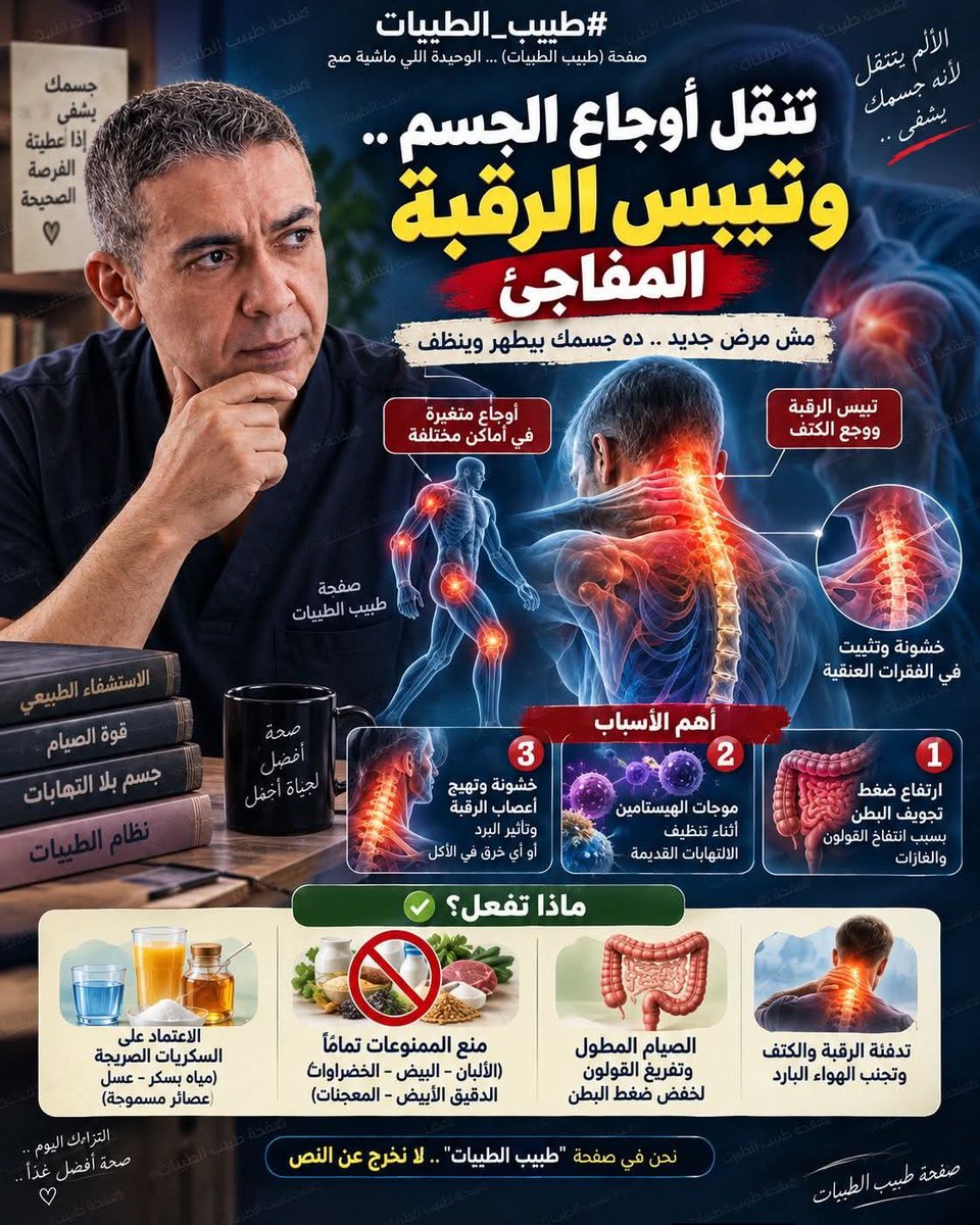 AliAli137278's tweet photo. تنقل أوجاع الجسم ..
وتيبس الرقبة المفاجئ 

ماسبب اوجاع الجسم كل يوم وجع شكل عندي رغم اني ملتزمه بنظام  هل سبب كثره الالتهابات وبتروح ؟ 
عندي وجع ب رقبه تيبس ب كتف فجاة بدون اسباب وانا ملتزمه بنظام
================
الشرح:
تغير أوجاع الجسم كل يوم وتكتل الألم في مكان مختلف (يوم في المفاصل، يوم في العضلات، وفجأة وجع وتيبس في الرقبة والكتف) أثناء الالتزام بالنظام، ليها تفسير علمي دقيق جداً في نظرية الدكتور ضياء العوضي ونظام الطيبات، والموضوع ده طبيعي جداً ومش بيدعو للقلق يا فندم.

أولاً: ليه الأوجاع بتتغير كل يوم من مكان للتاني؟ وهل دي التهابات وبتروح؟

نعم يا فندم، دي التهابات وبتروح وهي مرحلة "تنظيف وترميم الأنسجة":
   * الدكتور ضياء العوضي بيوضح إن الجسم قبل الالتزام بالنظام بيكون محوش التهابات وتليفات مزمنة في "النسيج البيني" (Interstitium) وفي جدران المفاصل والأعصاب لسنين طويلة بسبب الأكل القديم الخاطئ.

   * لما بتلتزمي بنظام الطيبات وتمنعي الممنوعات، الجهاز المناعي بيبدأ يطفي بؤر الالتهاب القديمة ويعيد بناء وتشكيل الأنسجة (Remodeling & Regeneration).

 - موجات الهيستامين والنهايات العصبية:

   * أثناء عملية تنظيف وتكسير الأنسجة المتليفة القديمة، بتطلع في الجسم موجات موضعية مؤقتة من مادة "الهيستامين" ومواد التهابية.
   * الشبكة العصبية الممتدة في جسمك من الساس للرأس بتكون حساسة جداً للهيستامين ده؛ فلما بتعدي موجة الهيستامين على نهايات الأعصاب في منطقة معينة، العصب بينور وينقل إشارة ألم.
     اليوم ده تحسي بوجع في ظهرك، وتاني يوم موجة الهيستامين تعدي على مفصل إيدك فتنور هناك، واليوم اللي بعده في العضلات وهكذا.
   * الدكتور ضياء بياكد إن التنقل ده دليل على إن الجسم شغال بيطهر حتة حتة، ومع الوقت وتواصل الصيام وتفريغ القولون، الموجات دي بتهدى تماماً والأوجاع دي بتختفي كأن لم تكن بإذن الله.

ثانياً: سبب وجع الرقبة وتيبس الكتف المفاجئ

وجع الرقبة مع قفزة وتيبس الكتف فجأة بدون سبب ظاهر، بيفسره الدكتور ضياء العوضي من خلال 3 أسباب ميكانيكية:

 1. تأثير الخشونة الفقارية والبرد:
    مفاصل الفقرات العنقية والأوتار والرباطات المحيطة بالرقبة والكتف بتكون فيها خشونة سابقة وتيبس في العضلات.
     مع أي تغيير في الجو أو تيار هواء خفيف، التروية الدموية للمفاصل دي بتقل، فتعمل الشدة والتيبس المفاجئ في الرقبة والكتف.

 2. انضغاط وتظليل أعصاب الرقبة:
    الأعصاب الممتدة من الفقرات العنقية بالرقبة (من C4 لـ C7) هي المسؤولة عن تغذية منطقة الكتف، الذراع، والصدر بالكامل.
     لو حصل أي تهيج خفيف أو ديسك بسيط أو شد في عضلات الرقبة، العصب بيتنرفز ويسمع فوراً في صورة "تيبس ووجع حاد في الكتف والذراع".

 3. ارتفاع ضغط تجويف البطن (الخرق الخفي):
    الدكتور ضياء بينبه دايماً إن استمرار أو تجدد الأوجاع الشديدة في الرقبة والمفاصل أحياناً بيكون وراه "خرق خفي" في الأكل.
     تناول أي عنصر ممنوع بالخطأ (زي بيض، ألبان، خضار بأليافه، دقيق أبيض، أو بهارات) بيعمل انتفاخ وسدة معوية بترفع ضغط البطن، وده بيقلل التروية الدموية الصاعدة للمخ والرقبة فتزيد قفزة الكتف والرقبة.

ثالثاً: النصائح والخطوات العملية لسرعة التعافي زوال الألم

 * التفتيش الصارم عن أي خرق خفي:
   راجعي أكلك بدقة للتأكد من خلوه تماماً من الممنوعات التي ترفع الهيستامين وتنفخ القولون (لا خضراوات، لا ألبان ولا أجبان بيضاء، لا بيض، لا فراخ، ولا دقيق أبيض).

 * الاعتماد على السكريات الصريحة (وقود ترميم الأعصاب):
   اشربي طوال اليوم سكريات صريحة نظيفة (مياه بسكر أبيض، عسل أبيض، عصير قصب، أو عصائر نكتار مسموحة كالجوافة والعنب الأحمر).
   السكر الصريح بيمتص فوراً بدون هضم وبيغذي خلايا المخ والأعصاب المجهدة، وده اللي بيسرع ترميم نسيج الرقبة والكتف ويخفف الألم.

 * تدفئة الرقبة والكتف:
   تدفئة منطقة الرقبة بعيداً عن التكييف أو الهواء المباشر، مع عمل كمادات دافئة لفك الشد العضلي وتنشيط التروية الدموية في الفقرات العنقية.

 * الالتزام بالصيام المطول:
   إراحة المعدة والقولون بالصيام لتفريغ ضغط البطن وإعطاء فرصة للكبد والكظرية لإطفاء بؤر الالتهاب.

طمني بالك يا فندم؛ التنقل ده هو أثر جانبي مؤقت لعملية الاستشفاء وتنظيف الأنسجة، ومع الالتزام الصارم والسكريات، جسمك هيرمم الرقبة والكتف والمفاصل وهترتاحي تماماً بإذن الله.

----------------
» شاركوا الموضوع مع أصدقائكم

#شرح_نظام_الطيبات 
#طبيب_الطيبات 
#نظام_الطيبات 
#ضياء_العوضي
