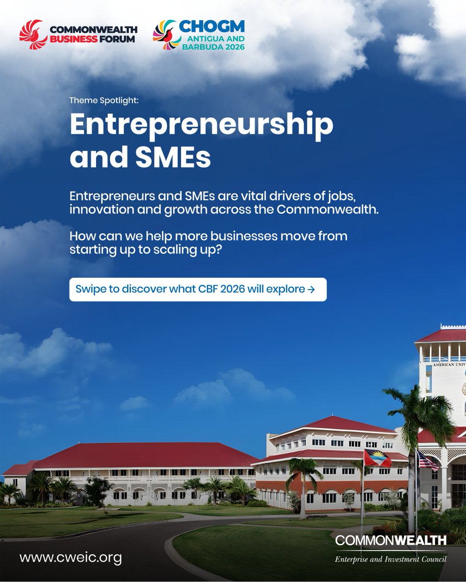 CWEICofficial's tweet photo. SMEs drive jobs, innovation and growth across the Commonwealth.

At CBF 2026, Entrepreneurship and SMEs will explore finance, new markets, digital capability, and investment readiness.

🗓️2-4 November 2026
📍Sticky Wicket Cricket Ground, Antigua and Barbuda

#CBF2026 #CHOGM2026 #CWEIC #CommonwealthAdvantage
