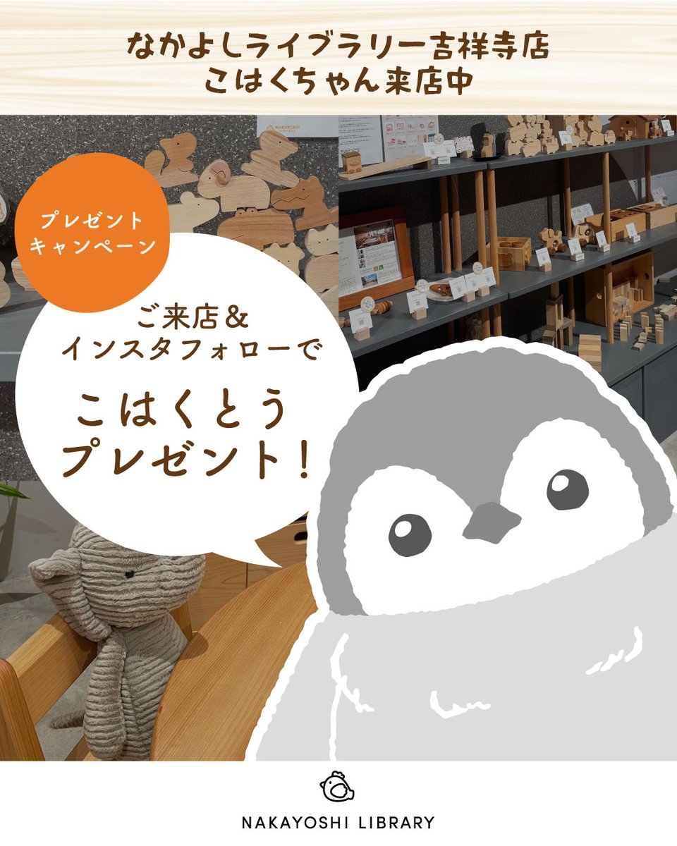 penguinnooyatsu's tweet photo. 🐧 9月限定！吉祥寺へ行くよ〜♪

9月は、なかよしライブラリー吉祥寺店さんに
こはくちゃんが遊びに行きます🐧🌳

木のおもちゃや家具が並ぶ素敵なお店で、
こはくちゃんとのコラボ企画も開催✨

そしてなんと！
期間中、こはくちゃんのInstagra（@kohaku589_penguin）フォローして
店頭でフォロー画面を見せてくれた方に【琥珀糖をプレゼント🎁】

こはくちゃんの大好きな琥珀糖、
みんなにも食べてもらえたらうれしいな〜🐧💕

📅 9月限定
📍なかよしライブラリー吉祥寺店
9月は吉祥寺で、こはくちゃんに会いにきてね🐧🌳✨

※琥珀糖はなくなり次第終了となります。

#こはくちゃん
#なかよしライブラリー
#なかよしライブラリー吉祥寺店
#木のおもちゃ
＃吉祥寺